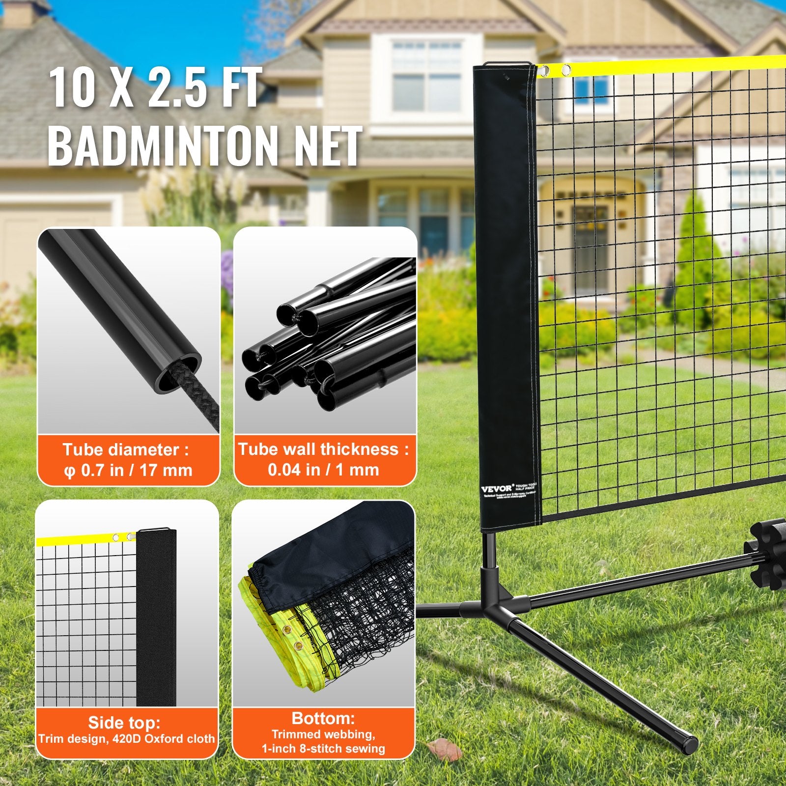 Outdoor Play Equipment: VEVOR Badminton Net, Height Adjustable Volleyball Net, 10ft Wide Foldable Pickleball Net, Portable Easy Setup Tennis Net Set with Poles, Stand and Carry Bag, for Kids Backyard Game Indoor Outdoor Use