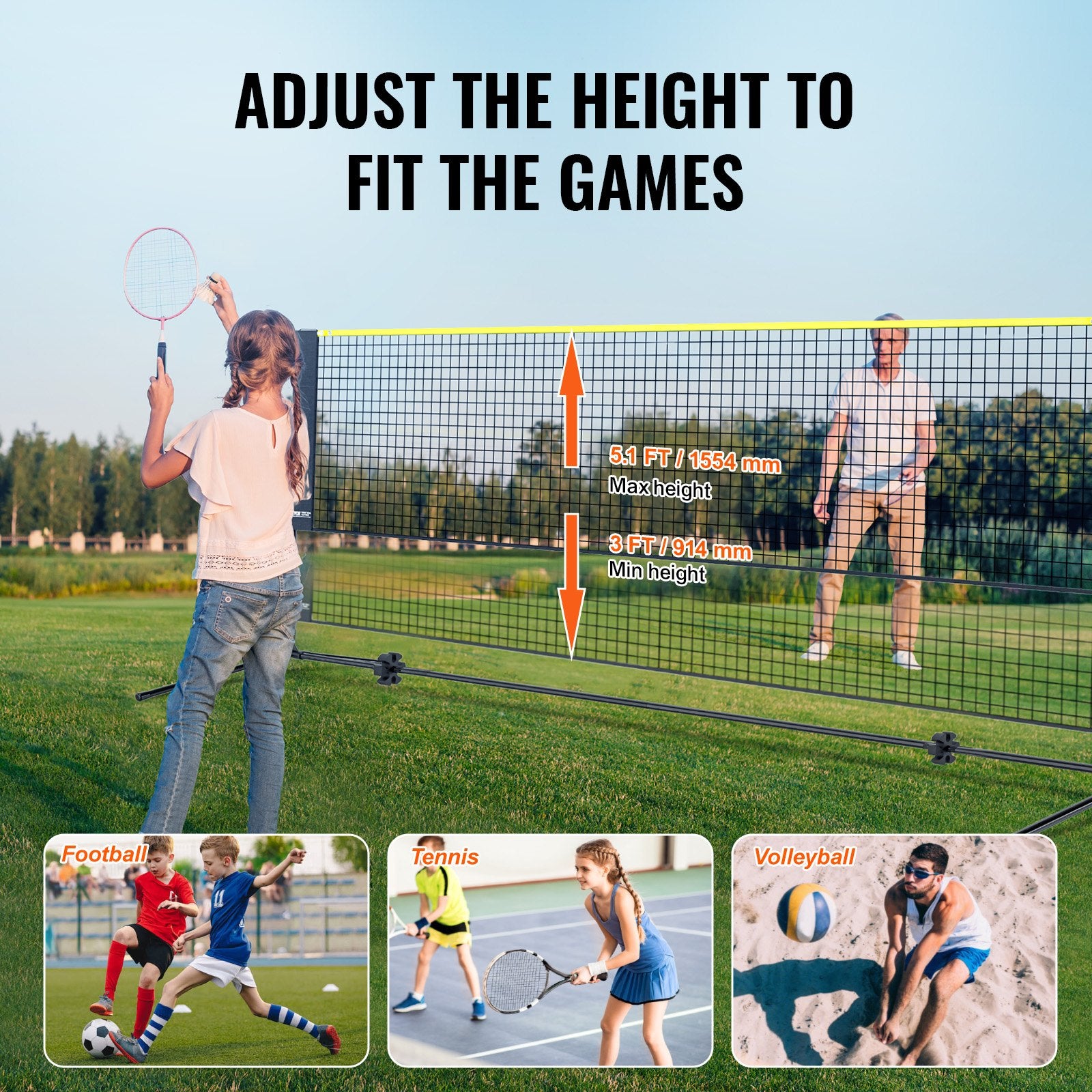 Outdoor Play Equipment: VEVOR Badminton Net, Height Adjustable Volleyball Net, 17ft Wide Foldable Pickleball Net, Portable Easy Setup Tennis Net Set with Poles, Stand and Carry Bag, for Kids Backyard Game Indoor Outdoor Use