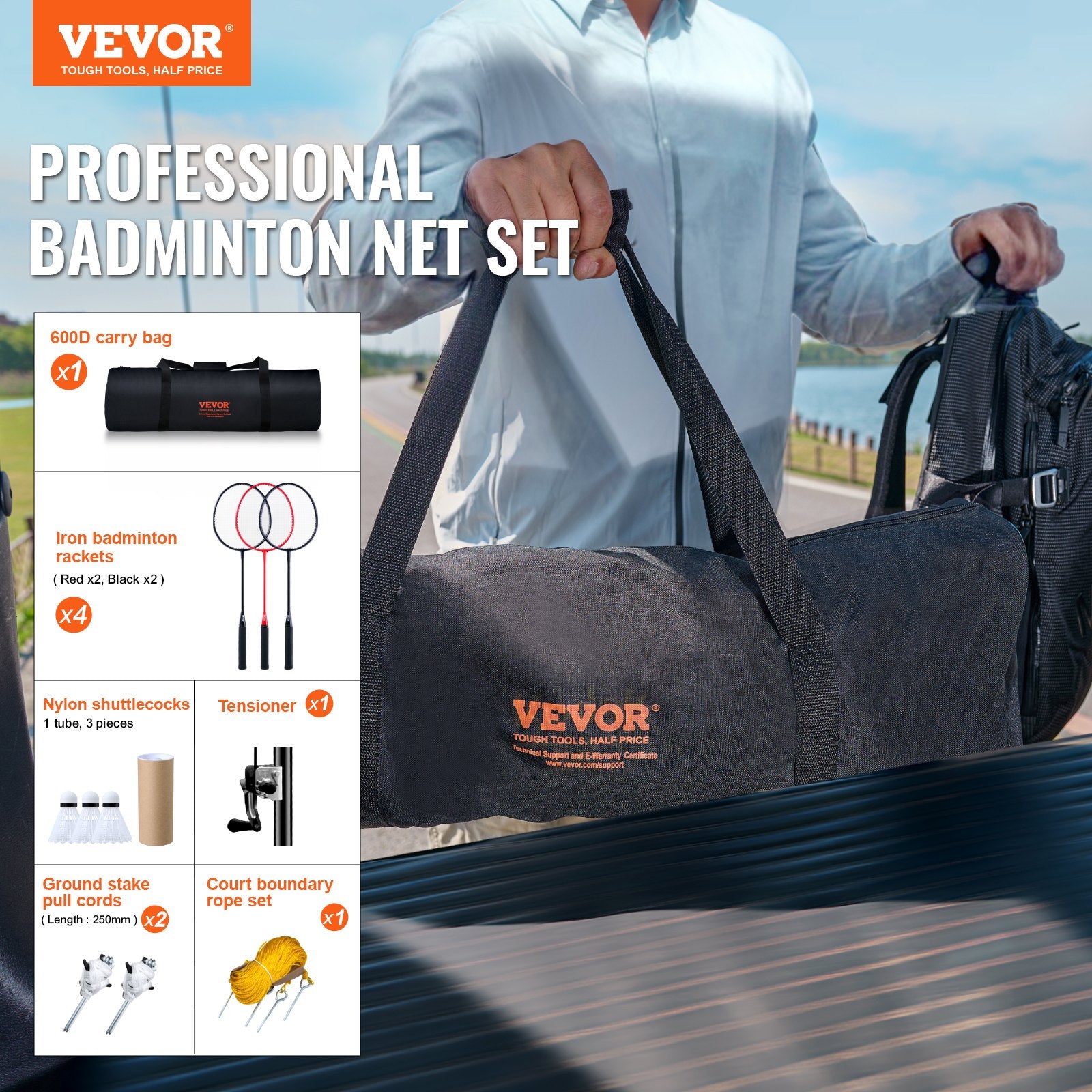 Tennis: VEVOR Badminton Net Set, Outdoor Backyard Beach Park Badminton Net, Portable Badminton Equipment Set, Adults Kids Badminton Net with Poles, Carrying Bag, 4 Iron Rackets, and 3 Nylon Shuttlecocks