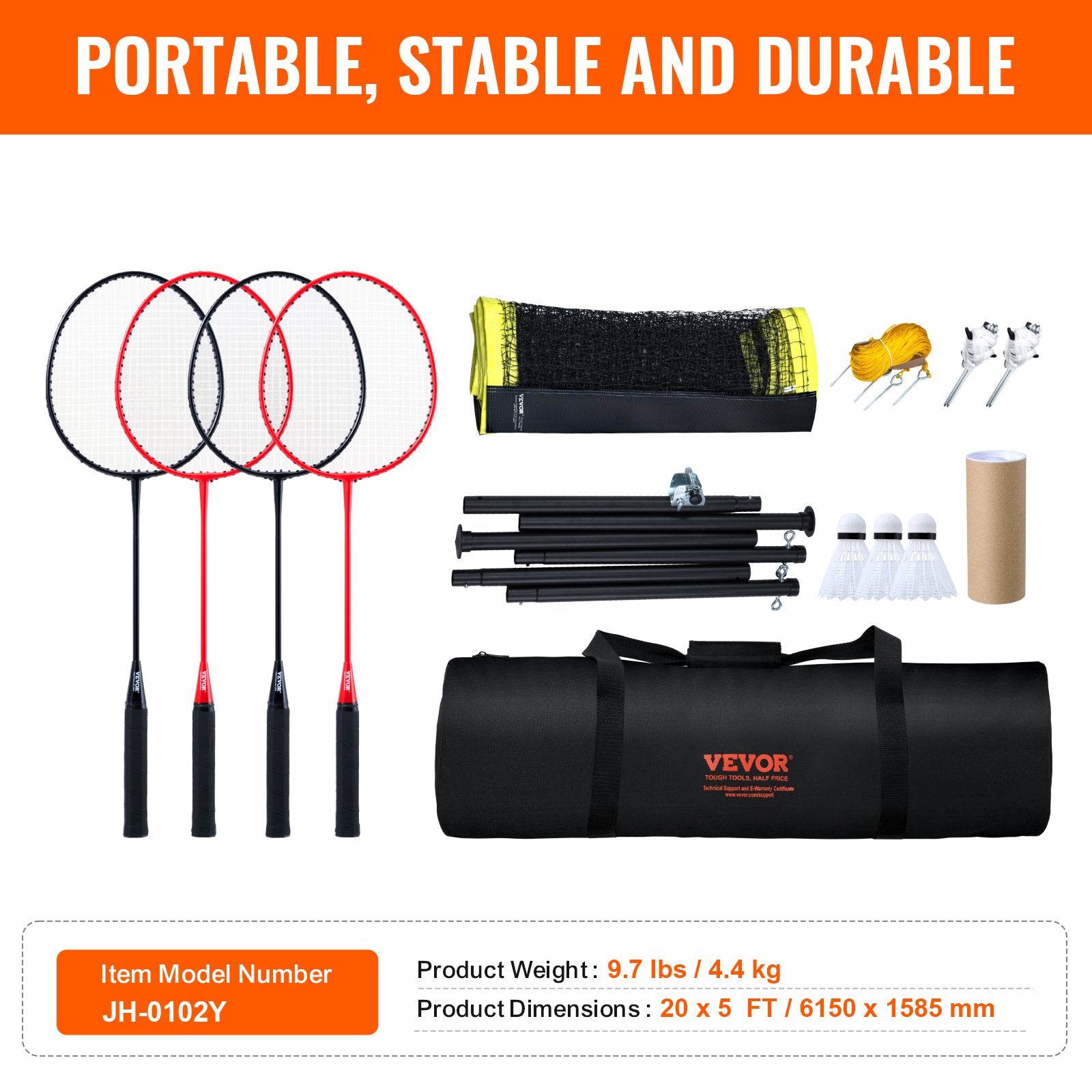 Tennis: VEVOR Badminton Net Set, Outdoor Backyard Beach Park Badminton Net, Portable Badminton Equipment Set, Adults Kids Badminton Net with Poles, Carrying Bag, 4 Iron Rackets, and 3 Nylon Shuttlecocks