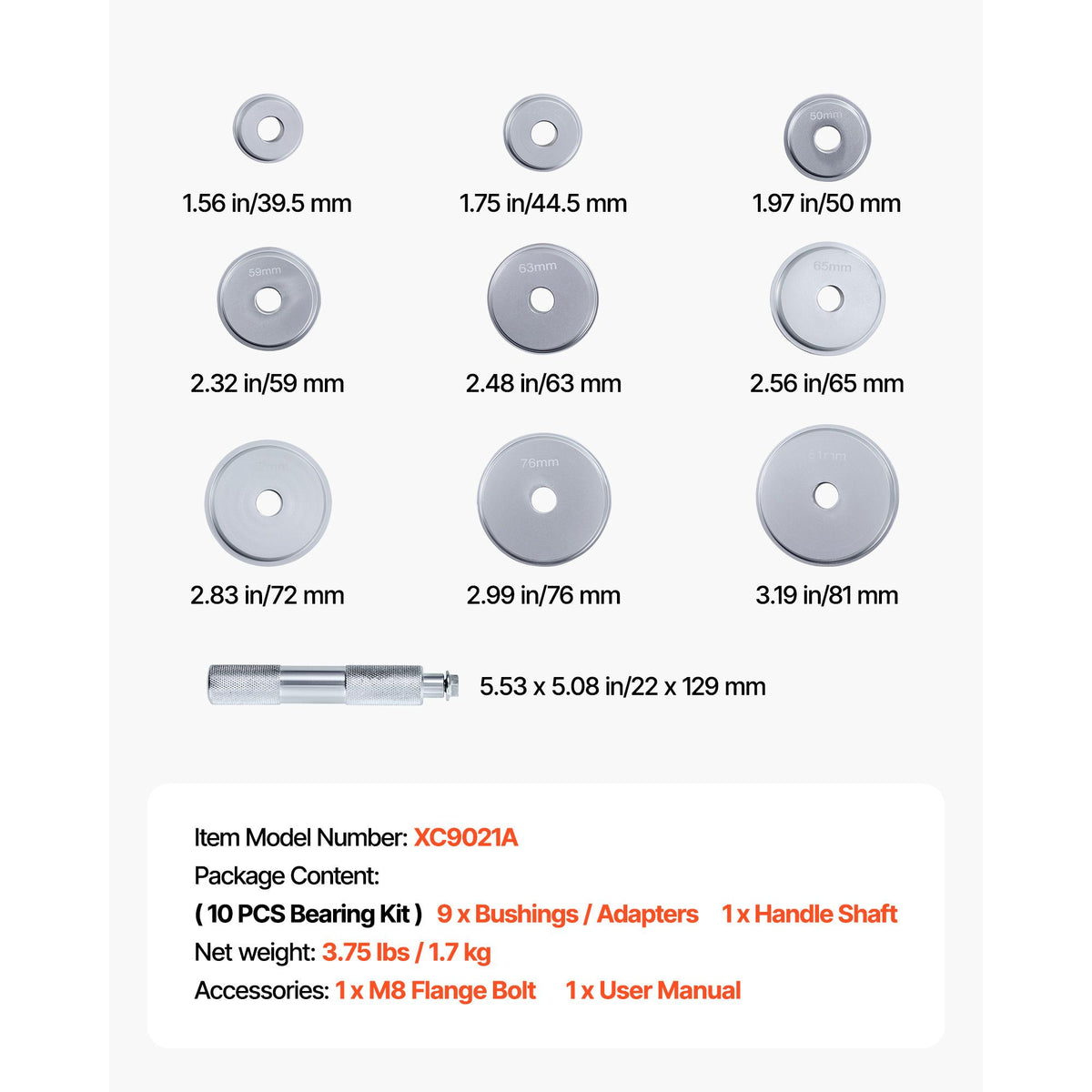 Bearing Press Kit, 10 Pcs, Bearing Race and Seal Driver Set with 9 Bushings and Handle Shaft, Bushing Driver Tool Set, Heavy Duty Aluminum Alloy Removal Installation Tool Kit with Storage Case