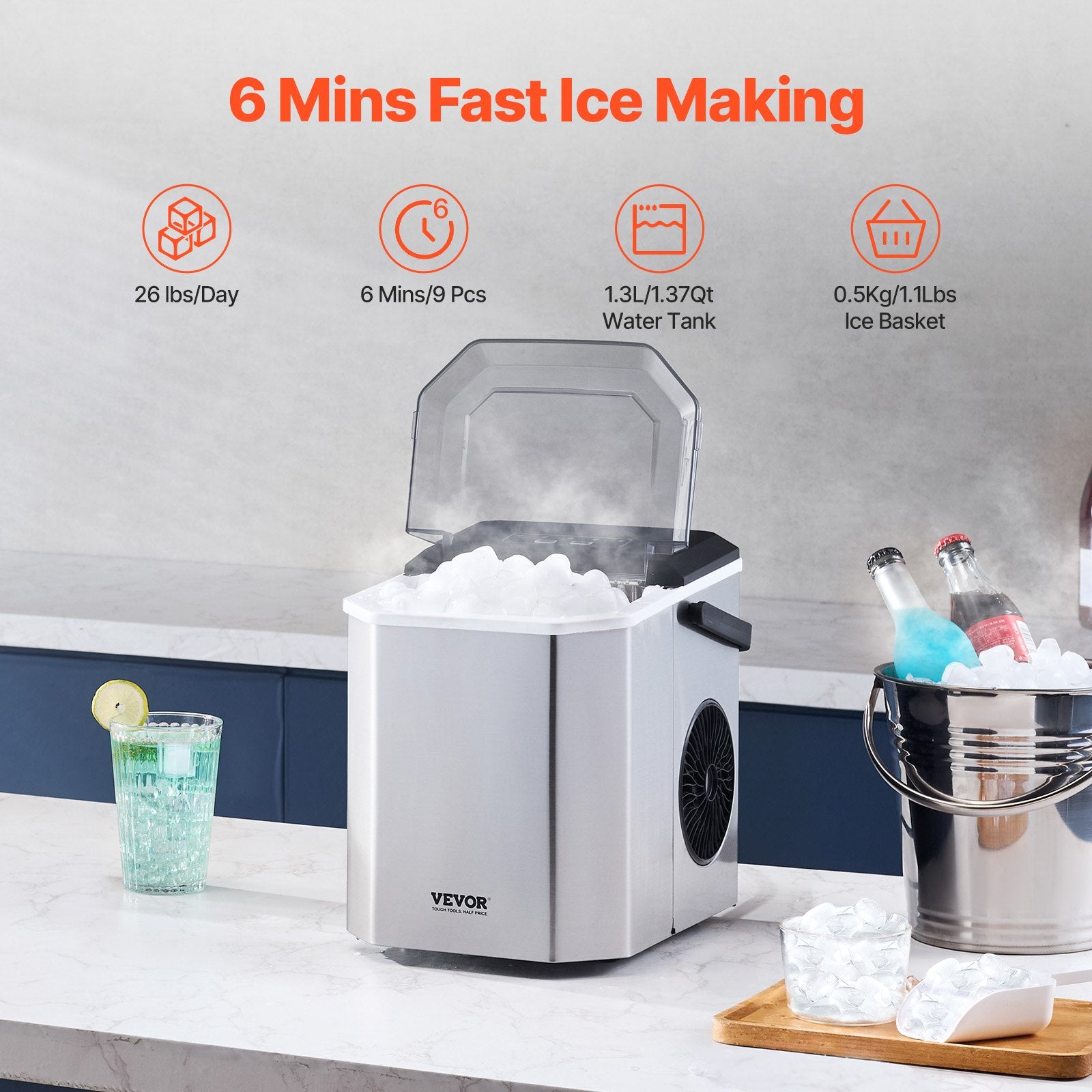 Fish Food: VEVOR Portable Countertop Ice Maker 26Lbs/24H Self-Cleaning with Scoop Basket