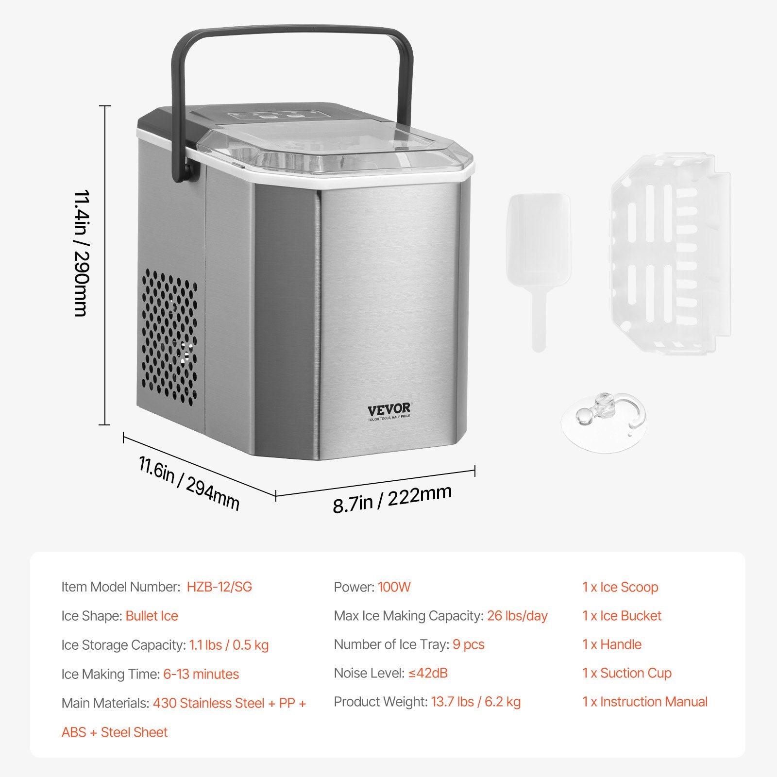Fish Food: VEVOR Portable Countertop Ice Maker 26Lbs/24H Self-Cleaning with Scoop Basket