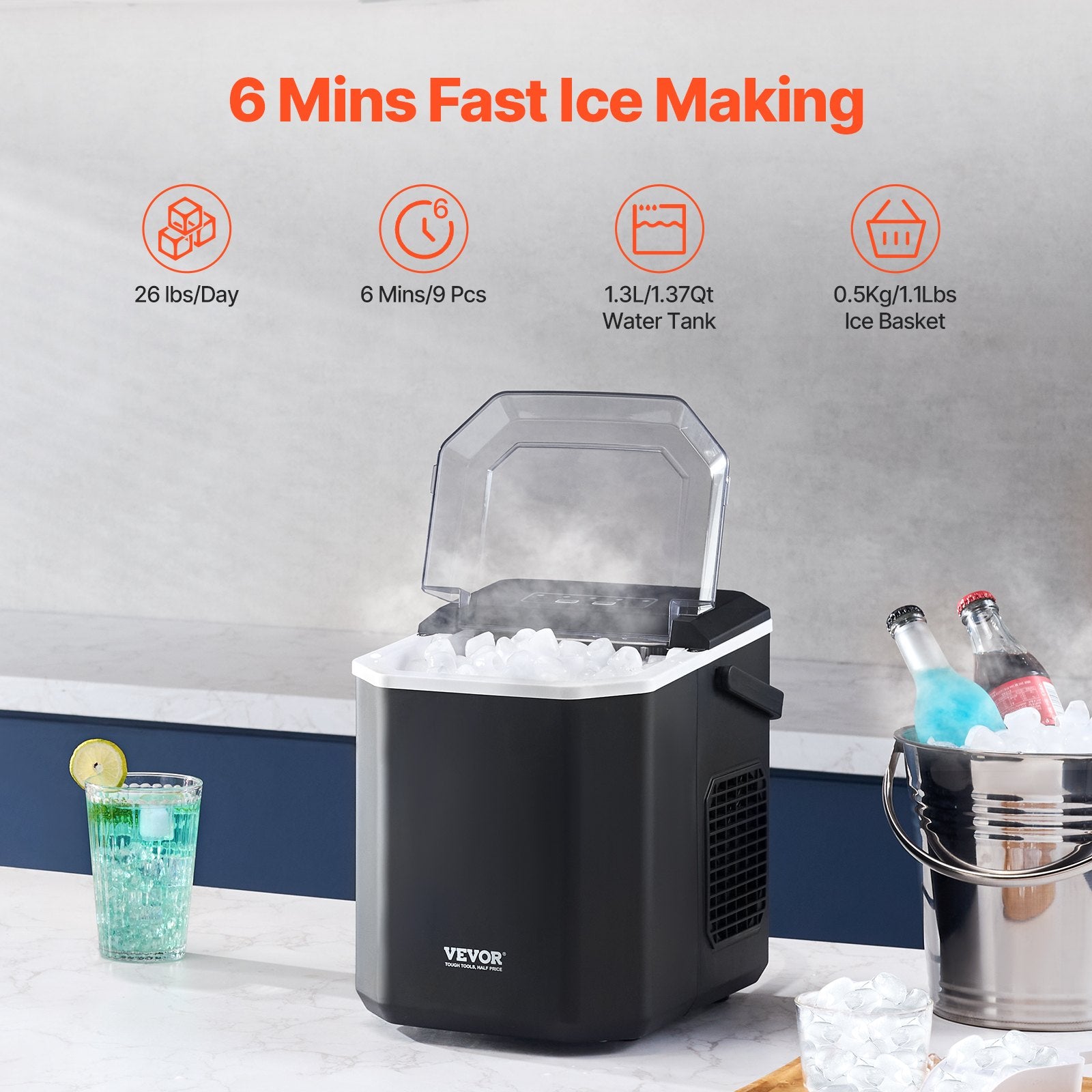 Fish Food: VEVOR Portable Countertop Ice Maker 26Lbs/24H Self-Cleaning with Scoop Basket