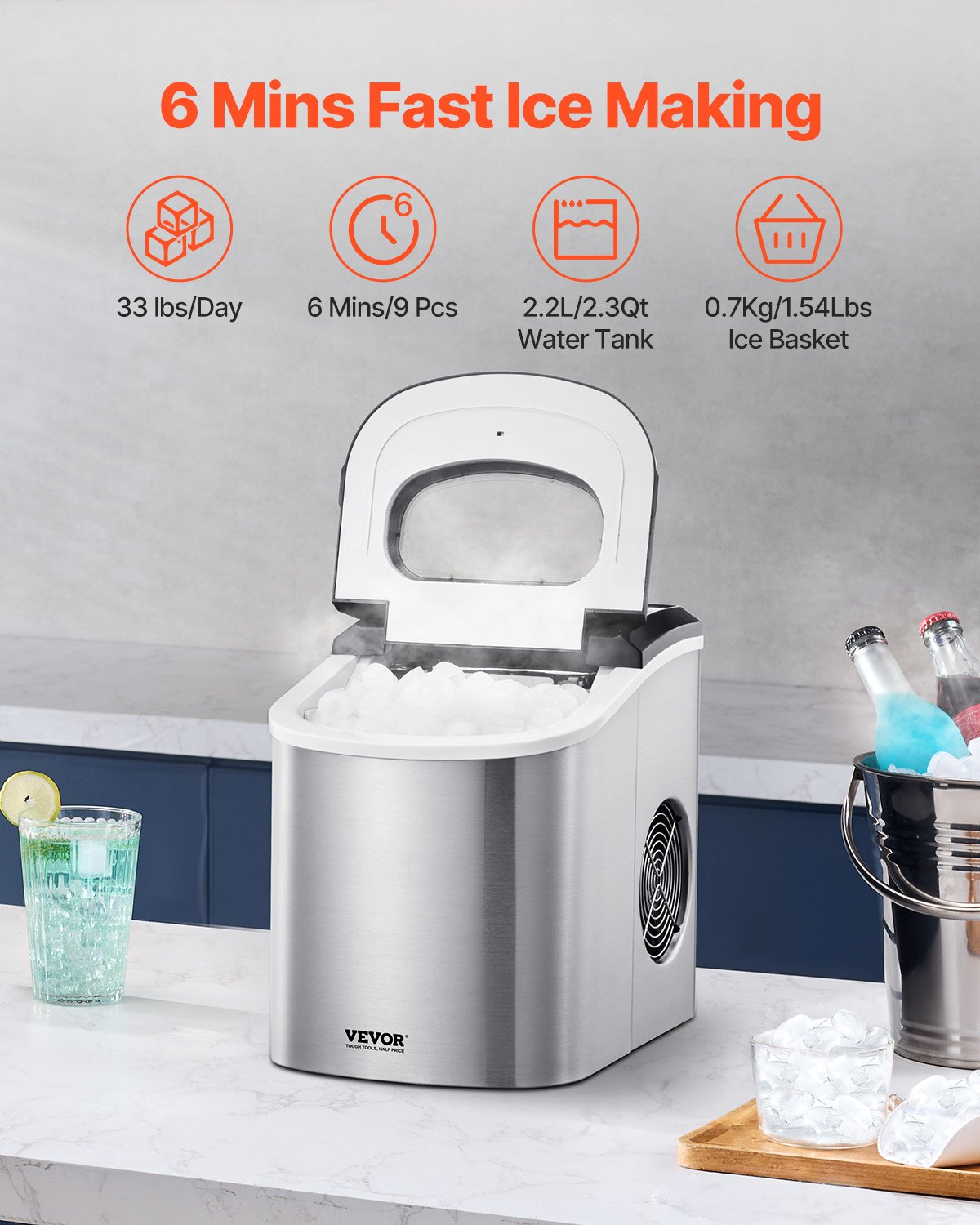 Fish Food: VEVOR Portable Countertop Ice Maker 33Lbs/24H Self-Cleaning with Scoop Basket