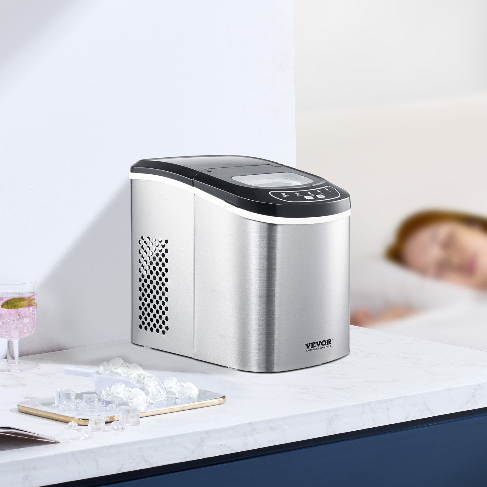 Fish Food: VEVOR Portable Countertop Ice Maker 33Lbs/24H Self-Cleaning with Scoop Basket