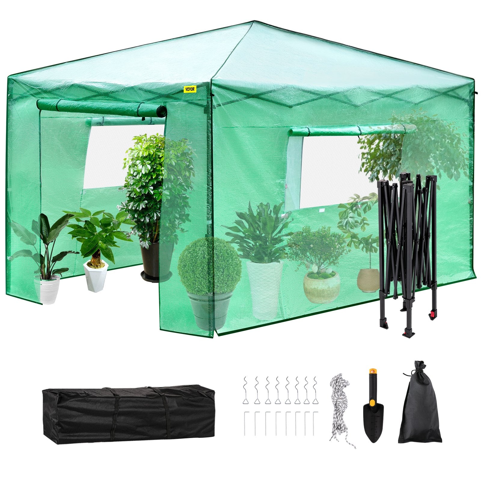 Canopies & Gazebos: VEVOR 12\'x 8\'x 8\' Pop-Up Greenhouse, Set Up in Minutes, Portable Greenhouse with Doors & Windows. High Strength PE Cover & Powder-Coated Steel Construction