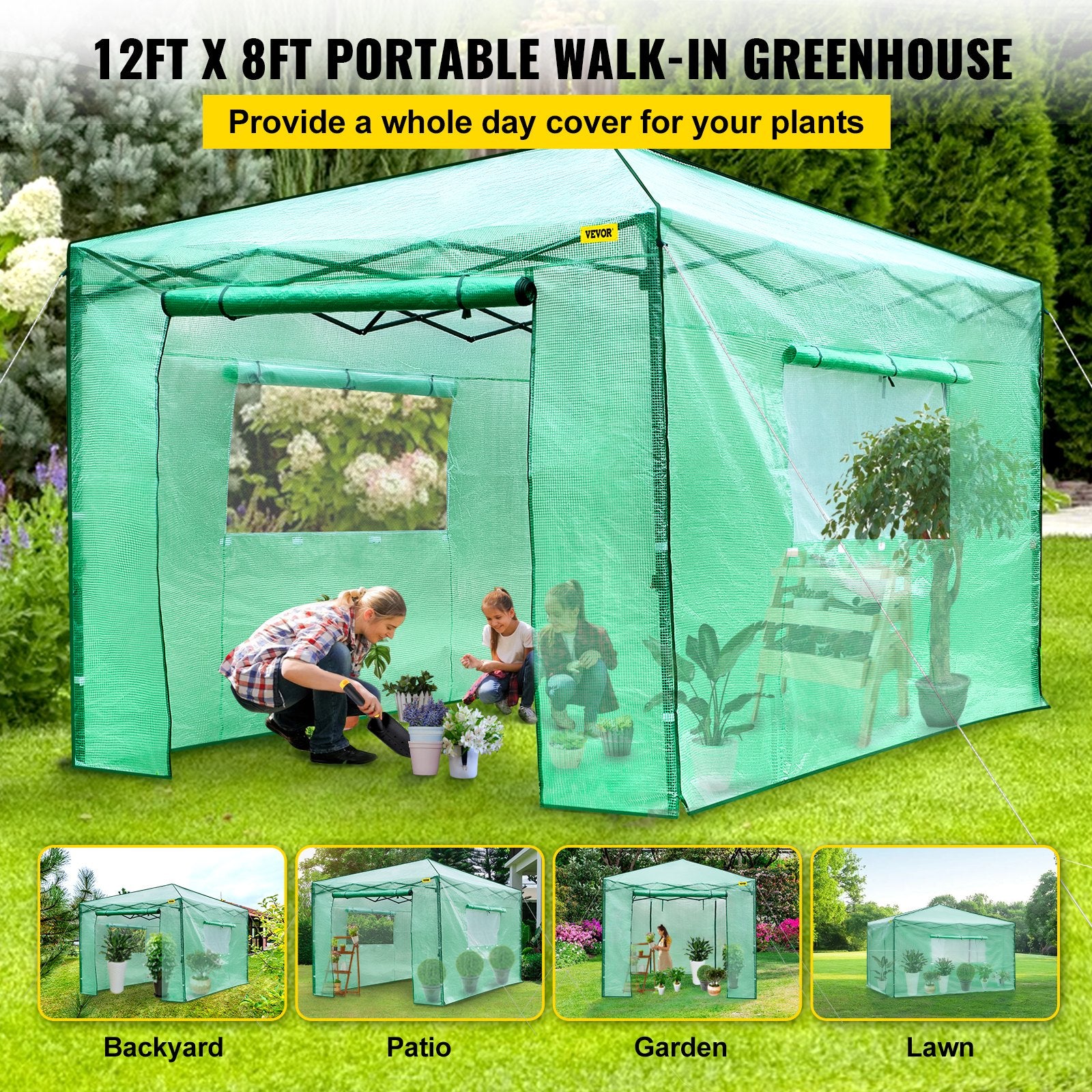 Canopies & Gazebos: VEVOR 12\'x 8\'x 8\' Pop-Up Greenhouse, Set Up in Minutes, Portable Greenhouse with Doors & Windows. High Strength PE Cover & Powder-Coated Steel Construction