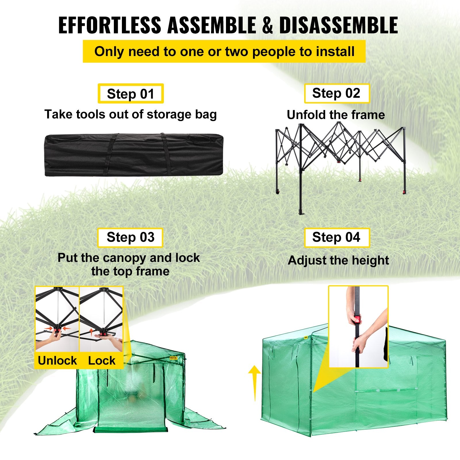 Canopies & Gazebos: VEVOR 12\'x 8\'x 8\' Pop-Up Greenhouse, Set Up in Minutes, Portable Greenhouse with Doors & Windows. High Strength PE Cover & Powder-Coated Steel Construction