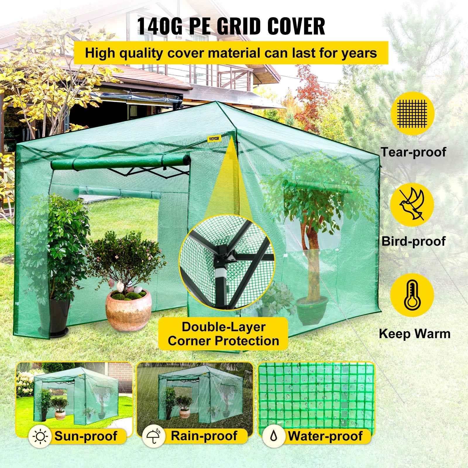 Canopies & Gazebos: VEVOR 12\'x 8\'x 8\' Pop-Up Greenhouse, Set Up in Minutes, Portable Greenhouse with Doors & Windows. High Strength PE Cover & Powder-Coated Steel Construction