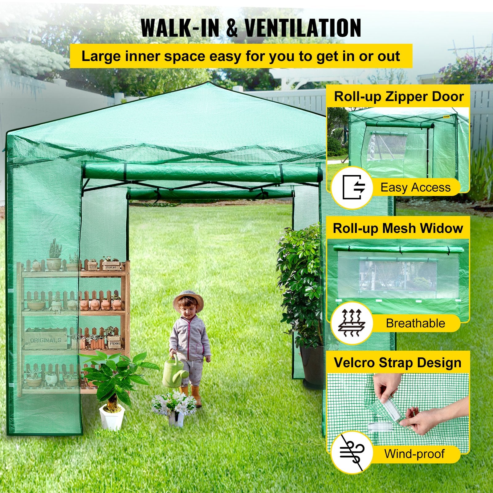 Canopies & Gazebos: VEVOR 12\'x 8\'x 8\' Pop-Up Greenhouse, Set Up in Minutes, Portable Greenhouse with Doors & Windows. High Strength PE Cover & Powder-Coated Steel Construction