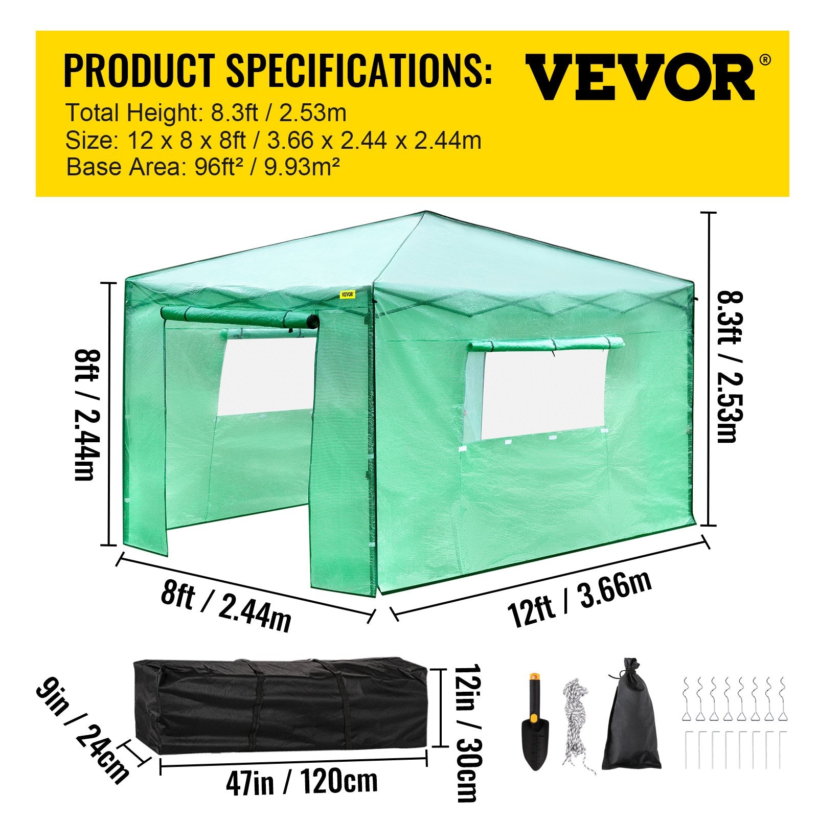 Canopies & Gazebos: VEVOR 12\'x 8\'x 8\' Pop-Up Greenhouse, Set Up in Minutes, Portable Greenhouse with Doors & Windows. High Strength PE Cover & Powder-Coated Steel Construction