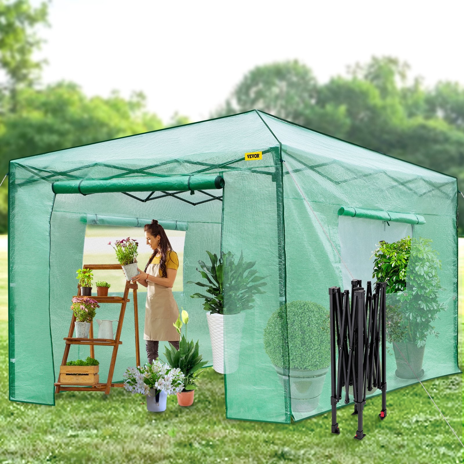 Canopies & Gazebos: VEVOR 12\'x 8\'x 8\' Pop-Up Greenhouse, Set Up in Minutes, Portable Greenhouse with Doors & Windows. High Strength PE Cover & Powder-Coated Steel Construction