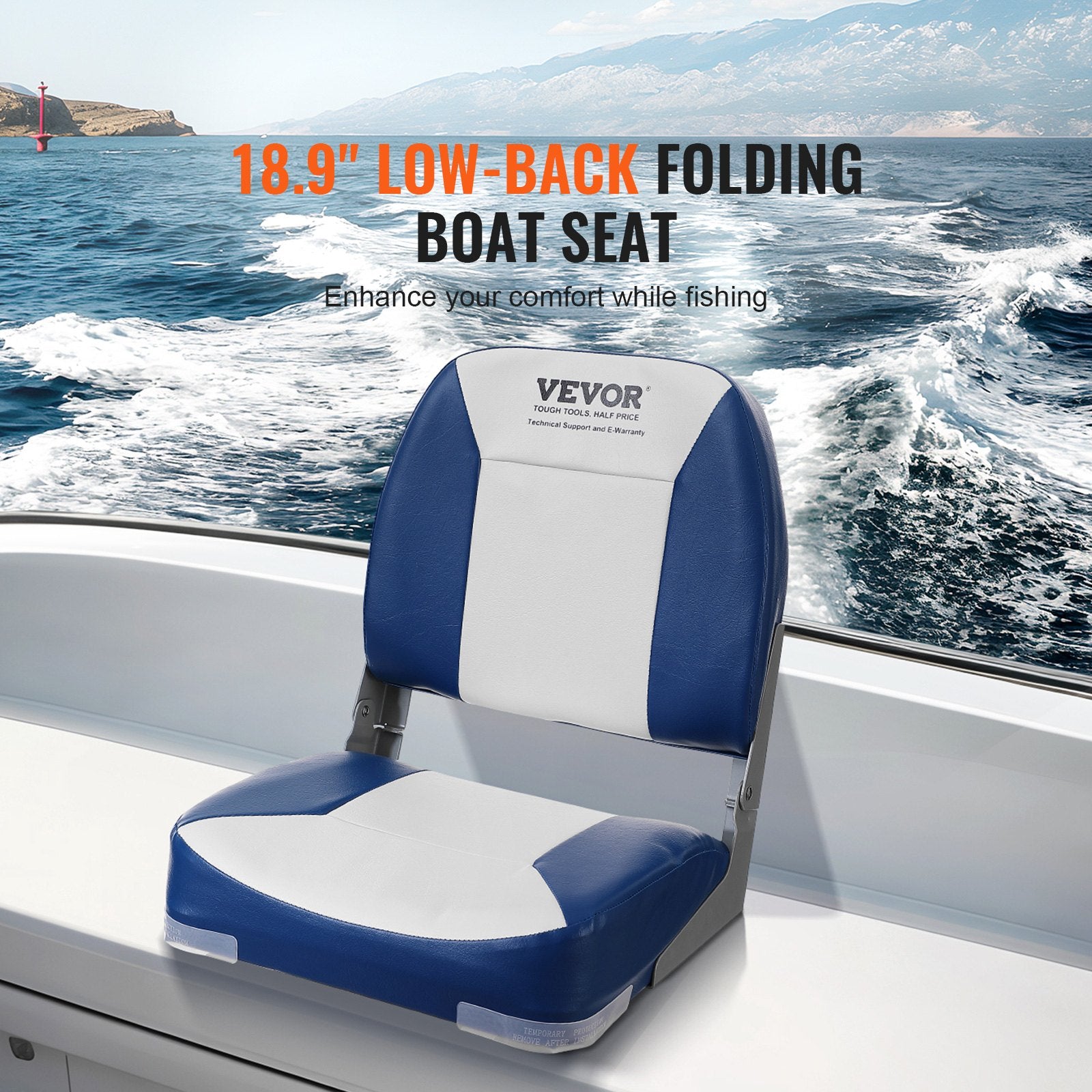 Boating Accessories: VEVOR Boat Seat, 480 mm Low Back Boat Seat, Folding Boat Chair with Thickened Sponge Padding and Hinge, Fold-Down Boat Captain Chair for Fishing Boat, Sightseeing Boat, Speedboat, Canoe, 1-Piece