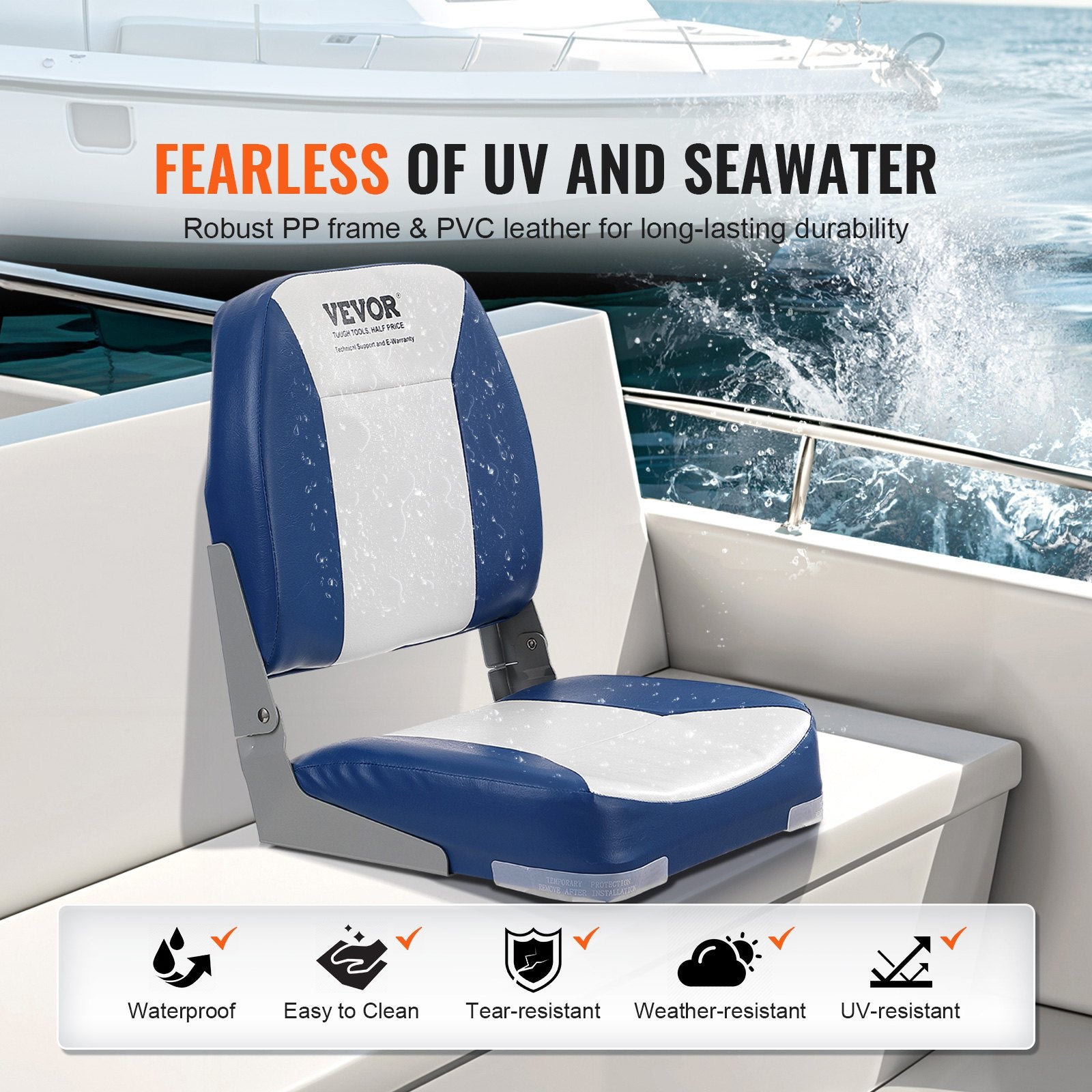Boating Accessories: VEVOR Boat Seat, 480 mm Low Back Boat Seat, Folding Boat Chair with Thickened Sponge Padding and Hinge, Fold-Down Boat Captain Chair for Fishing Boat, Sightseeing Boat, Speedboat, Canoe, 1-Piece