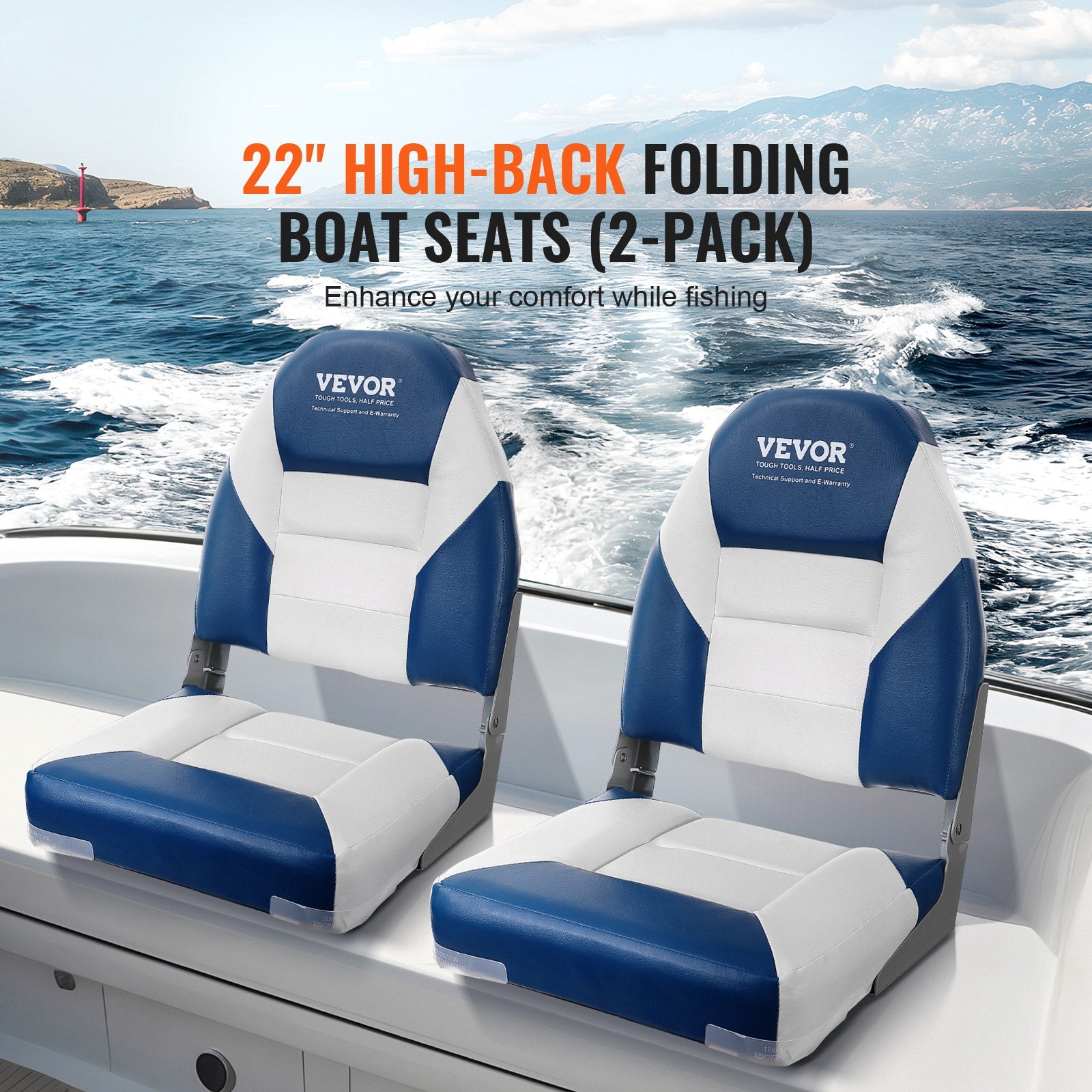 Boating Accessories: VEVOR Boat Seats, 555 mm High Back Boat Seat, Folding Boat Chair with Thickened Sponge Padding and Hinge, Fold-Down Boat Captain Chairs for Fishing Boat, Sightseeing Boat, Speedboat, Canoe, 2-Pack