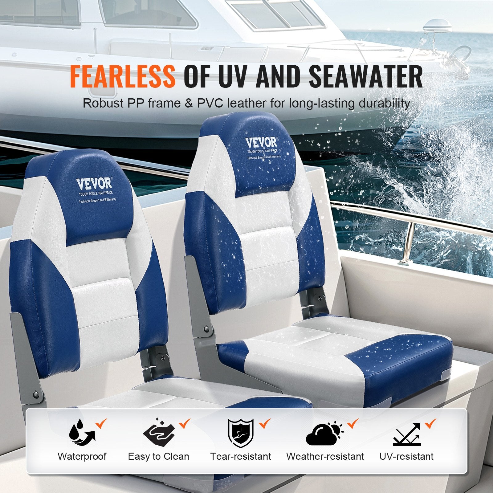 Boating Accessories: VEVOR Boat Seats, 555 mm High Back Boat Seat, Folding Boat Chair with Thickened Sponge Padding and Hinge, Fold-Down Boat Captain Chairs for Fishing Boat, Sightseeing Boat, Speedboat, Canoe, 2-Pack
