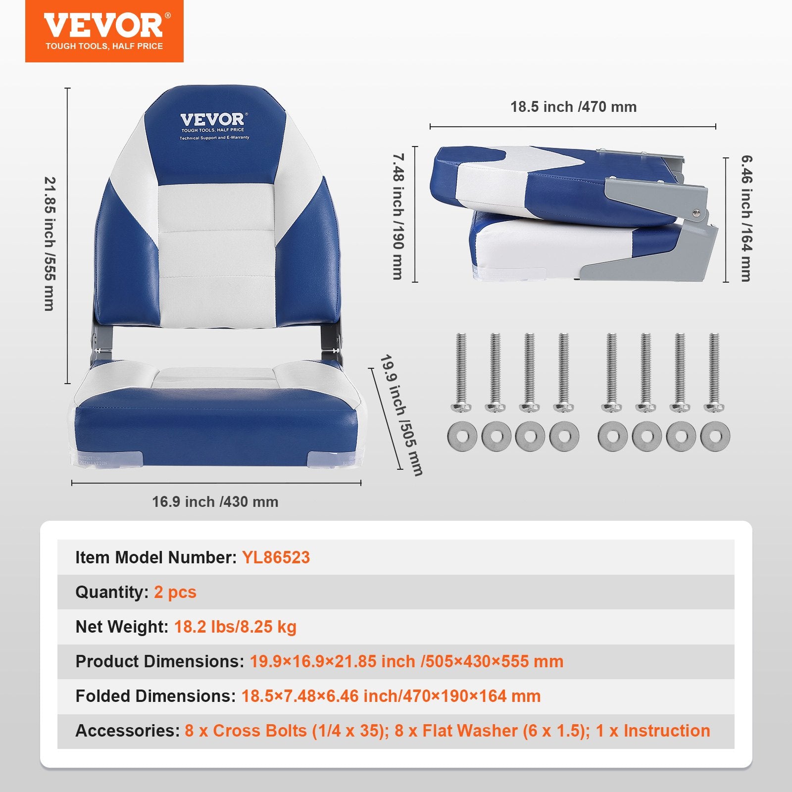 Boating Accessories: VEVOR Boat Seats, 555 mm High Back Boat Seat, Folding Boat Chair with Thickened Sponge Padding and Hinge, Fold-Down Boat Captain Chairs for Fishing Boat, Sightseeing Boat, Speedboat, Canoe, 2-Pack
