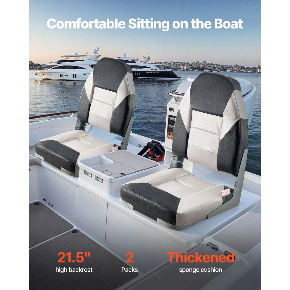 Boat Seat, High Backrest, Folding Fishing Boat Seat with Thickened Sponge Cushion & Waterproof PVC Leather, Aluminum Alloy Hinges, Flip Up Boat Seat for Boats, Yachts, Ships, Black & Grey