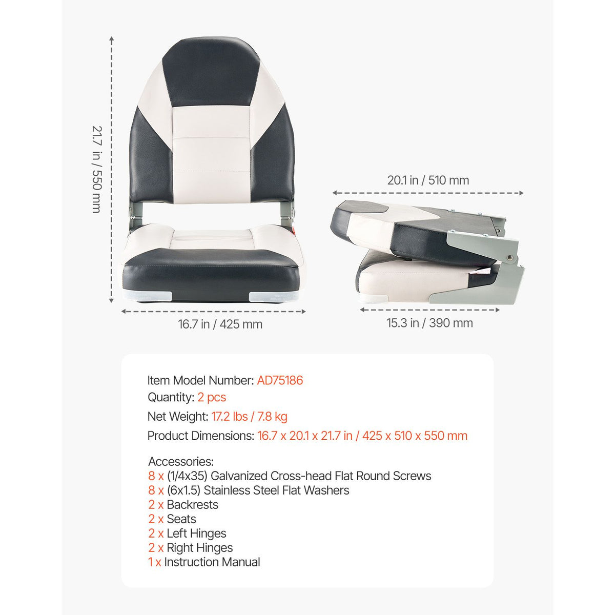 Boat Seat, High Backrest, Folding Fishing Boat Seat with Thickened Sponge Cushion & Waterproof PVC Leather, Aluminum Alloy Hinges, Flip Up Boat Seat for Boats, Yachts, Ships, Black & Grey