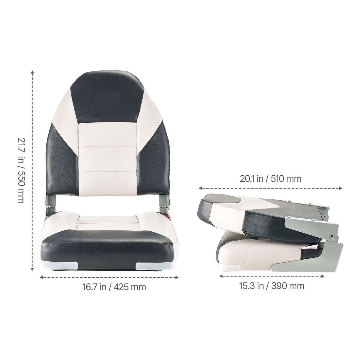 Boat Seat, High Backrest, Folding Fishing Boat Seat with Thickened Sponge Cushion & Waterproof PVC Leather, Aluminum Alloy Hinges, Flip Up Boat Seat for Boats, Yachts, Ships, Black & Grey