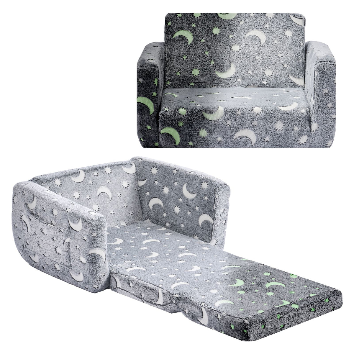 2-in-1 Kids Sofa, Foldable Toddler Soft Couch with Armrests, Glow in the Dark Kids Couch Fold Out with 28D Sponge & Flannel, Convertible Toddler Chair to Lounger for Reading and Gaming, M, Gray