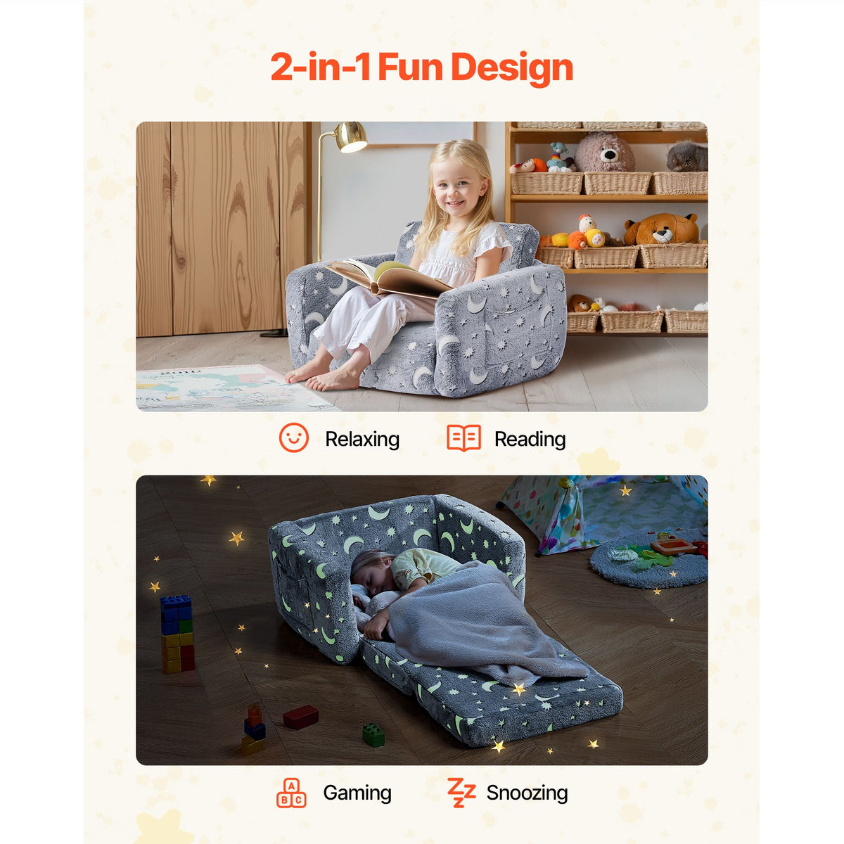 2-in-1 Kids Sofa, Foldable Toddler Soft Couch with Armrests, Glow in the Dark Kids Couch Fold Out with 28D Sponge & Flannel, Convertible Toddler Chair to Lounger for Reading and Gaming, M, Gray