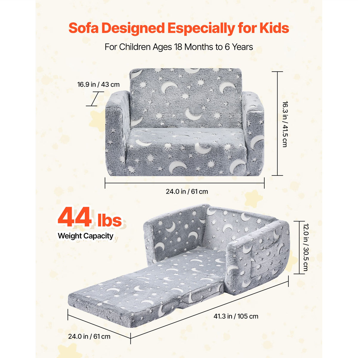 2-in-1 Kids Sofa, Foldable Toddler Soft Couch with Armrests, Glow in the Dark Kids Couch Fold Out with 28D Sponge & Flannel, Convertible Toddler Chair to Lounger for Reading and Gaming, M, Gray