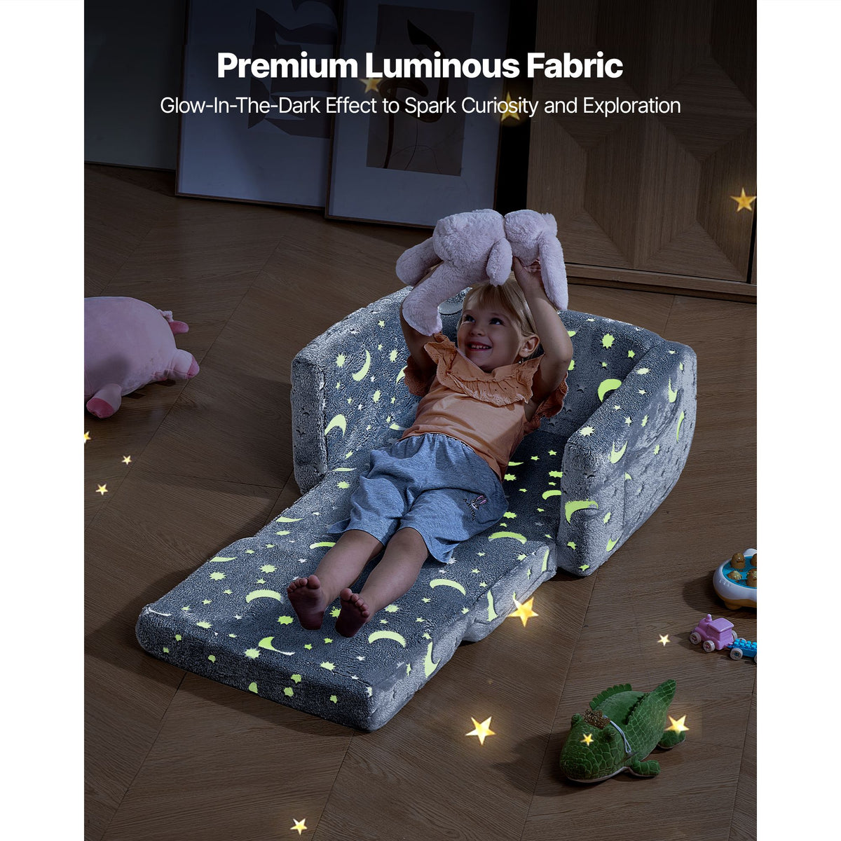 2-in-1 Kids Sofa, Foldable Toddler Soft Couch with Armrests, Glow in the Dark Kids Couch Fold Out with 28D Sponge & Flannel, Convertible Toddler Chair to Lounger for Reading and Gaming, M, Gray