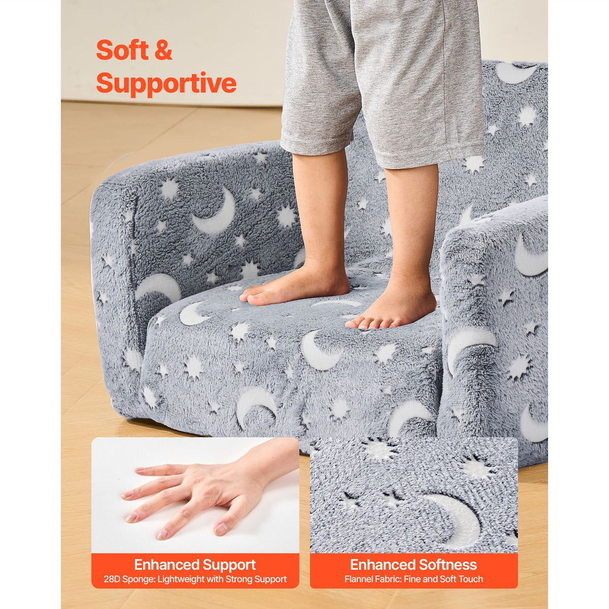 2-in-1 Kids Sofa, Foldable Toddler Soft Couch with Armrests, Glow in the Dark Kids Couch Fold Out with 28D Sponge & Flannel, Convertible Toddler Chair to Lounger for Reading and Gaming, M, Gray