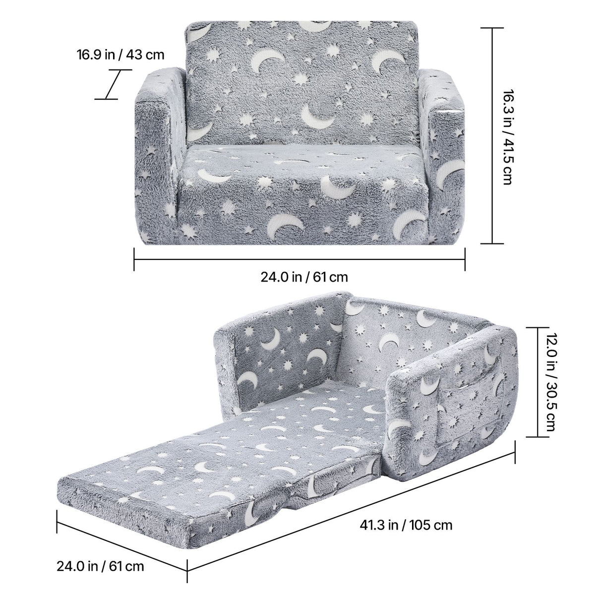 2-in-1 Kids Sofa, Foldable Toddler Soft Couch with Armrests, Glow in the Dark Kids Couch Fold Out with 28D Sponge & Flannel, Convertible Toddler Chair to Lounger for Reading and Gaming, M, Gray