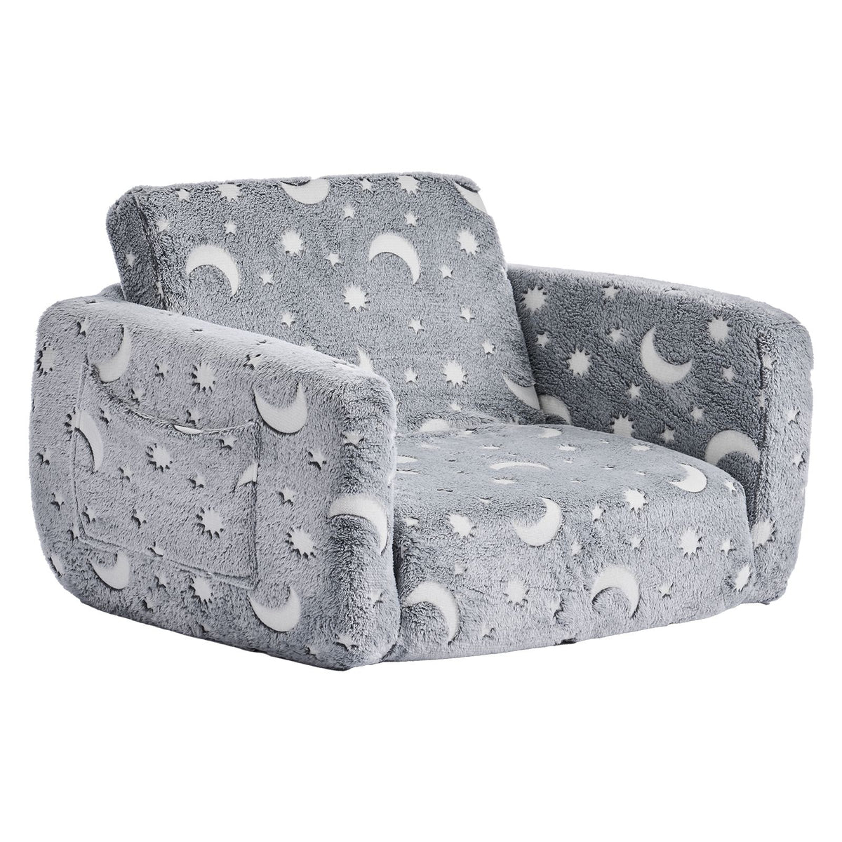 2-in-1 Kids Sofa, Foldable Toddler Soft Couch with Armrests, Glow in the Dark Kids Couch Fold Out with 28D Sponge & Flannel, Convertible Toddler Chair to Lounger for Reading and Gaming, M, Gray