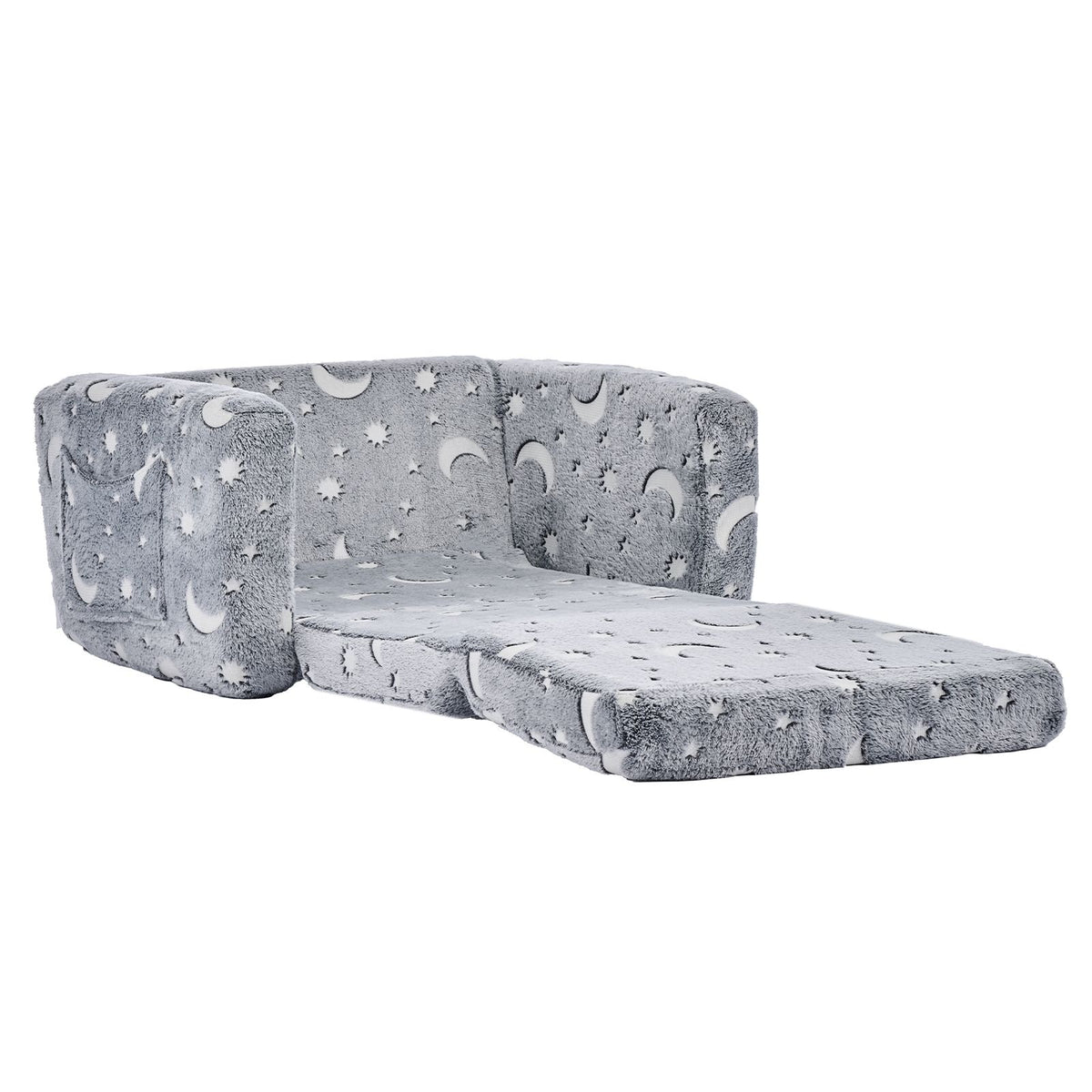 2-in-1 Kids Sofa, Foldable Toddler Soft Couch with Armrests, Glow in the Dark Kids Couch Fold Out with 28D Sponge & Flannel, Convertible Toddler Chair to Lounger for Reading and Gaming, M, Gray
