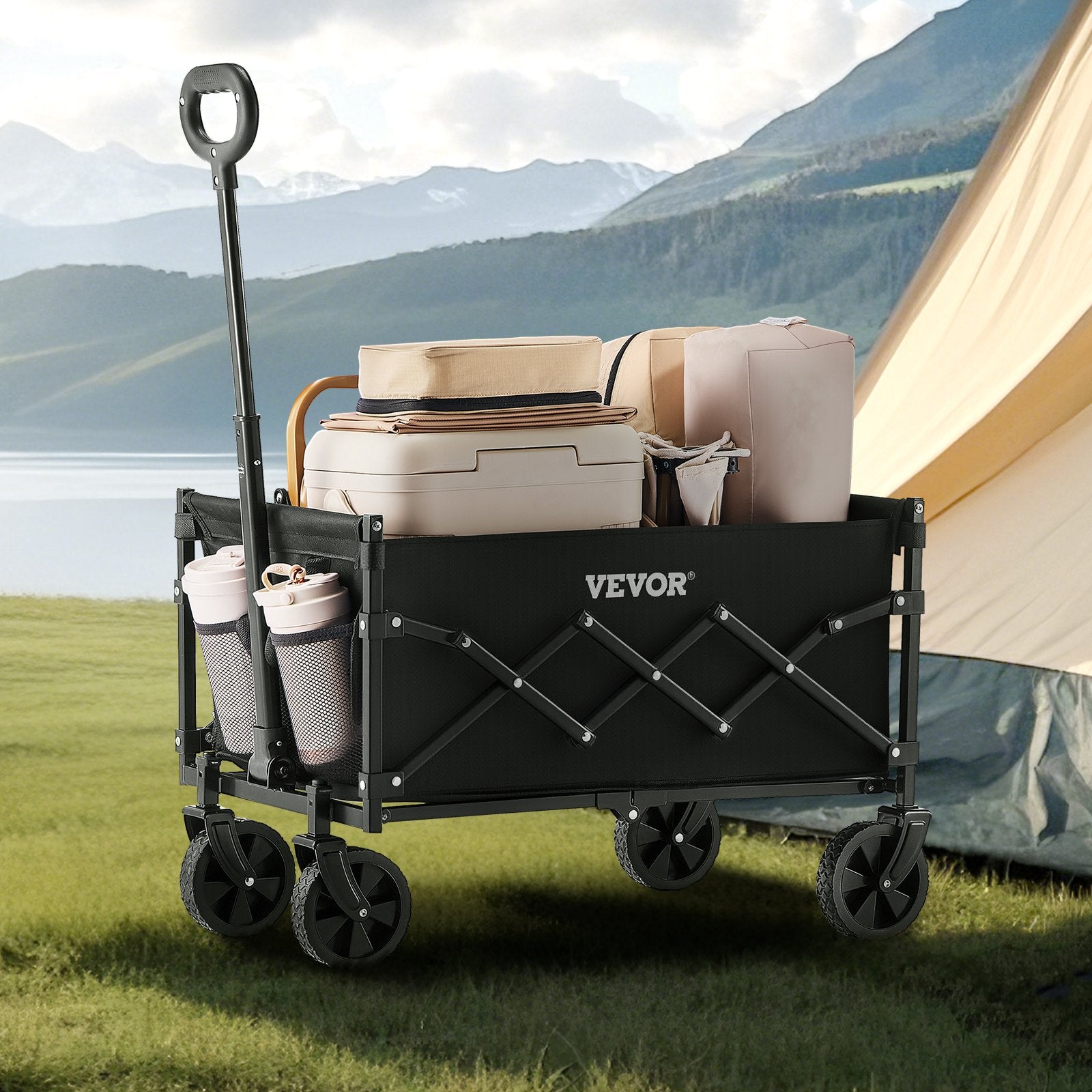 Kitchen & Dining Trolleys: VEVOR Collapsible Wagon Carts, 120L & 225LBS Folding Wagons with All-Terrain Wheels, Heavy Duty Outdoor Utility Cart with Adjustable Handle, Portable Camping Cart for Beach Grocery Garden Black