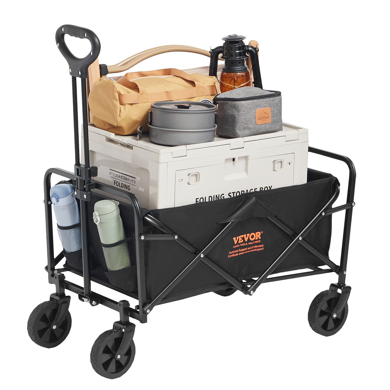 Spreaders & Wheelbarrows: VEVOR Collapsible Folding Wagon, 2 cu.ft Grass Wagon Cart with All-Terrain 5in Wheels, Heavy Duty Folding Wagon Cart 220 lbs Weight Capacity with Drink Holders, Sports Wagon for Camping, Shopping, Gar