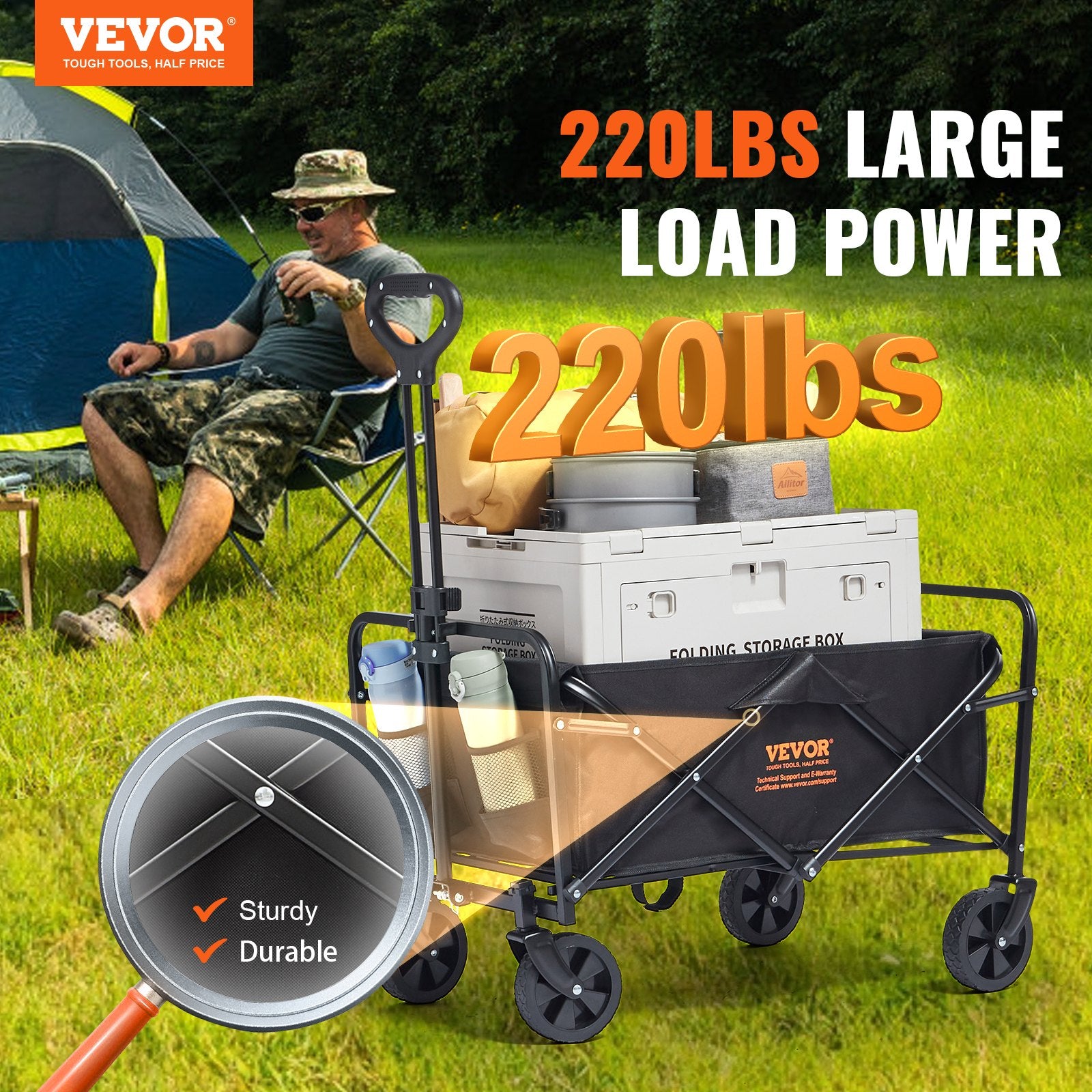 Spreaders & Wheelbarrows: VEVOR Collapsible Folding Wagon, 2 cu.ft Grass Wagon Cart with All-Terrain 5in Wheels, Heavy Duty Folding Wagon Cart 220 lbs Weight Capacity with Drink Holders, Sports Wagon for Camping, Shopping, Gar