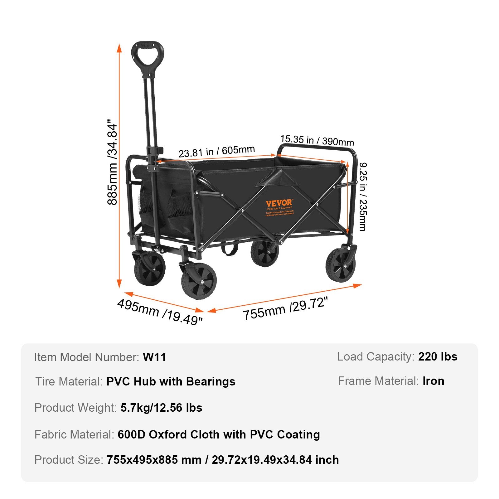 Spreaders & Wheelbarrows: VEVOR Collapsible Folding Wagon, 2 cu.ft Grass Wagon Cart with All-Terrain 5in Wheels, Heavy Duty Folding Wagon Cart 220 lbs Weight Capacity with Drink Holders, Sports Wagon for Camping, Shopping, Gar