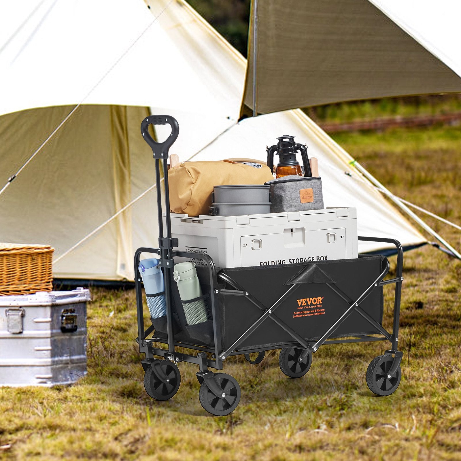 Spreaders & Wheelbarrows: VEVOR Collapsible Folding Wagon, 2 cu.ft Grass Wagon Cart with All-Terrain 5in Wheels, Heavy Duty Folding Wagon Cart 220 lbs Weight Capacity with Drink Holders, Sports Wagon for Camping, Shopping, Gar