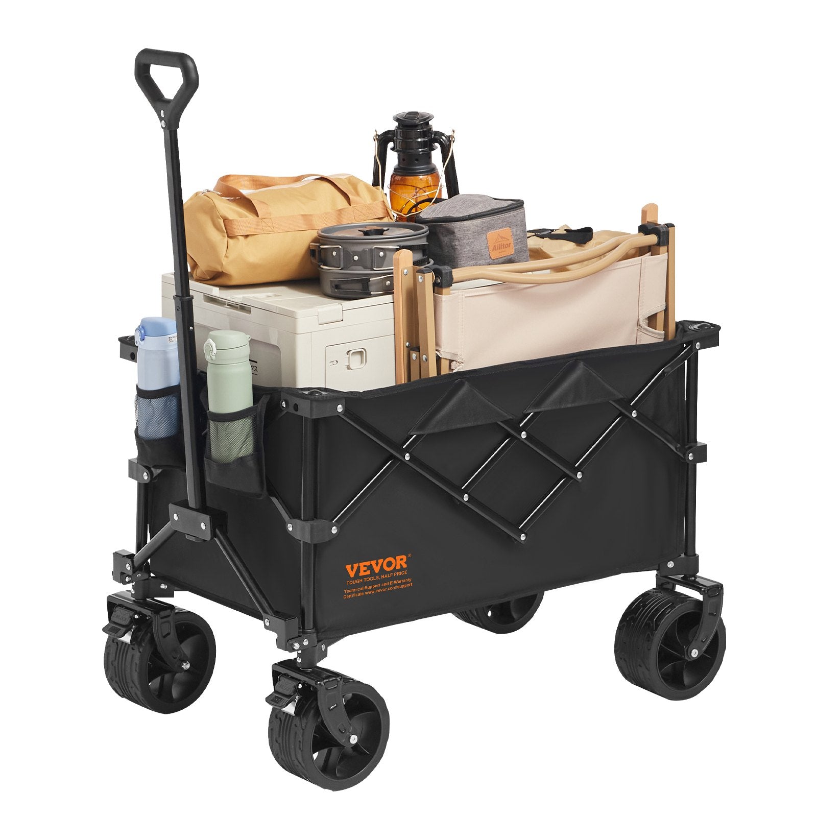 Cat Carriers & Crates: VEVOR Collapsible Folding Wagon, 220 L Beach Wagon Cart with All-Terrain Wheels, Heavy Duty Folding Wagon Cart Max 330 lbs with Drink Holders, Sports Wagon for Camping, Shopping, Garden