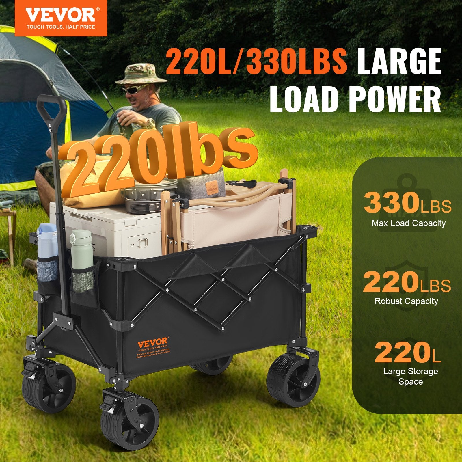 Cat Carriers & Crates: VEVOR Collapsible Folding Wagon, 220 L Beach Wagon Cart with All-Terrain Wheels, Heavy Duty Folding Wagon Cart Max 330 lbs with Drink Holders, Sports Wagon for Camping, Shopping, Garden