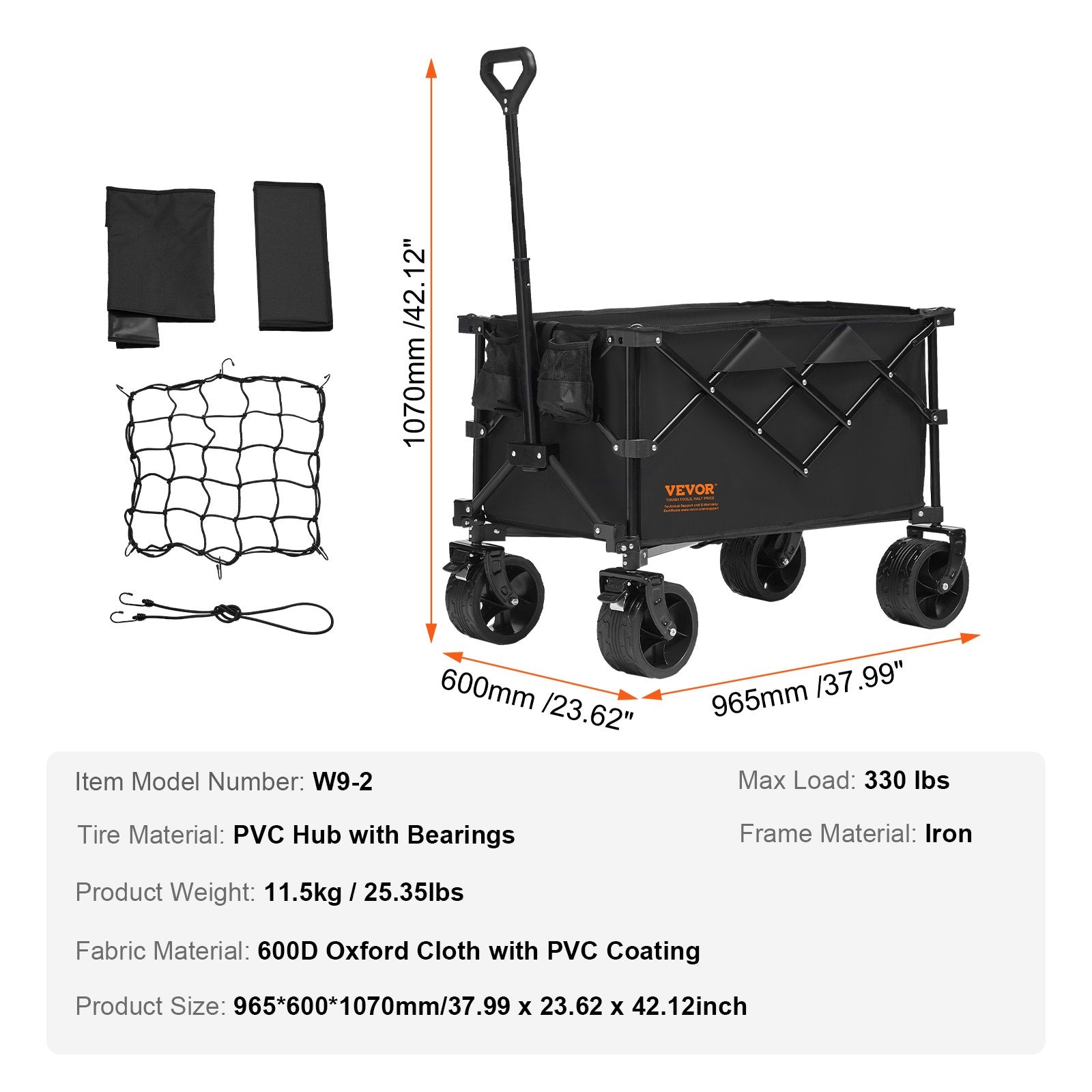 Cat Carriers & Crates: VEVOR Collapsible Folding Wagon, 220 L Beach Wagon Cart with All-Terrain Wheels, Heavy Duty Folding Wagon Cart Max 330 lbs with Drink Holders, Sports Wagon for Camping, Shopping, Garden