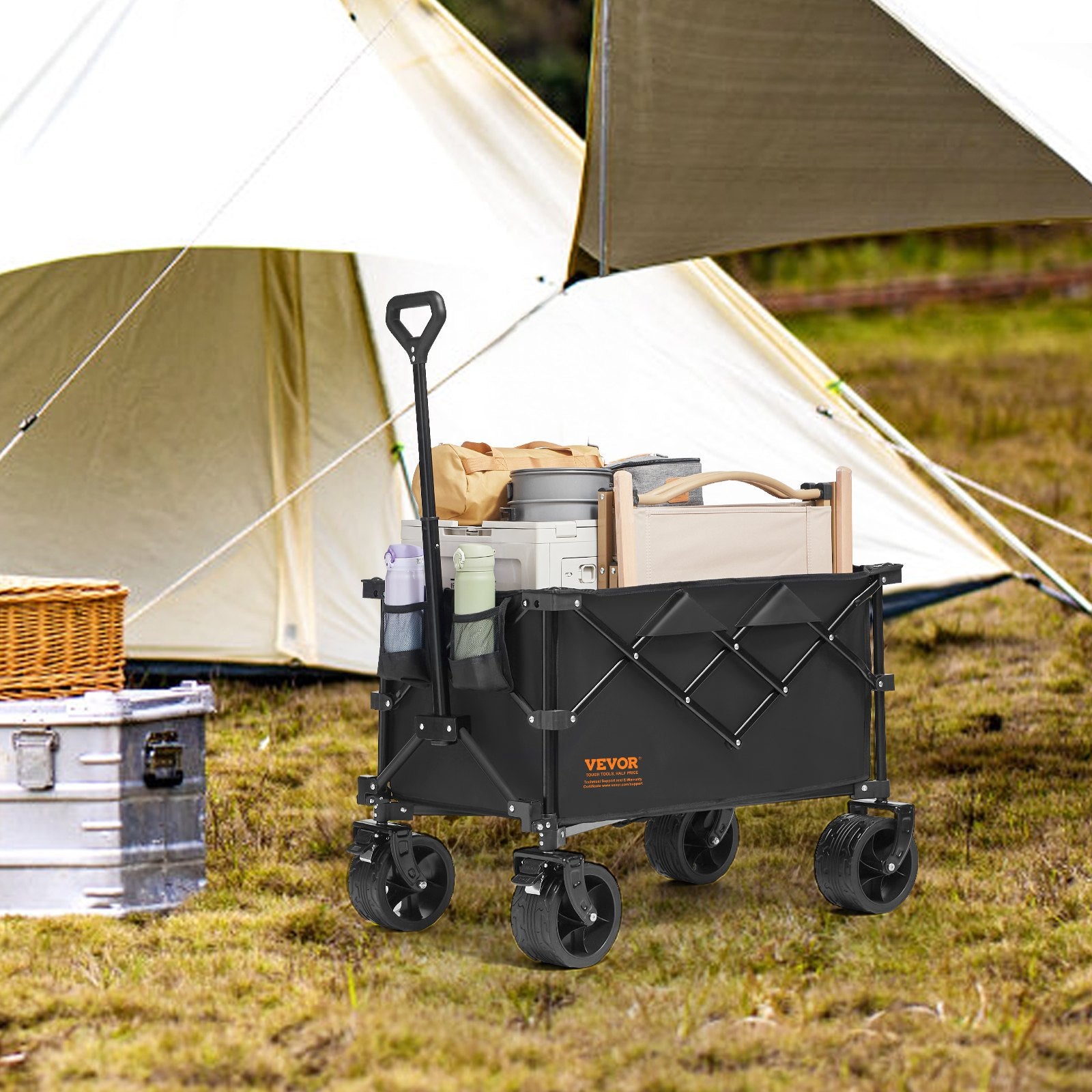 Cat Carriers & Crates: VEVOR Collapsible Folding Wagon, 220 L Beach Wagon Cart with All-Terrain Wheels, Heavy Duty Folding Wagon Cart Max 330 lbs with Drink Holders, Sports Wagon for Camping, Shopping, Garden
