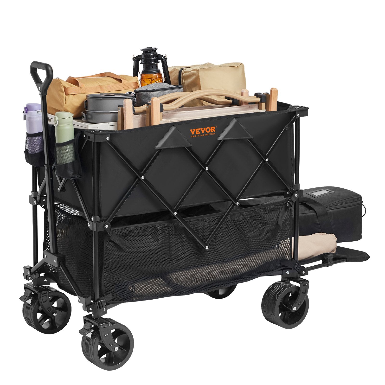 Spreaders & Wheelbarrows: VEVOR Foldable Double Decker Wagon, 400L Collapsible Wagon Cart with All-Terrain Wheels, Heavy Duty Folding Wagon Cart 350-450 lb Weight Capacity for Camping, Shopping, Garden, 52" Extra Long Extender