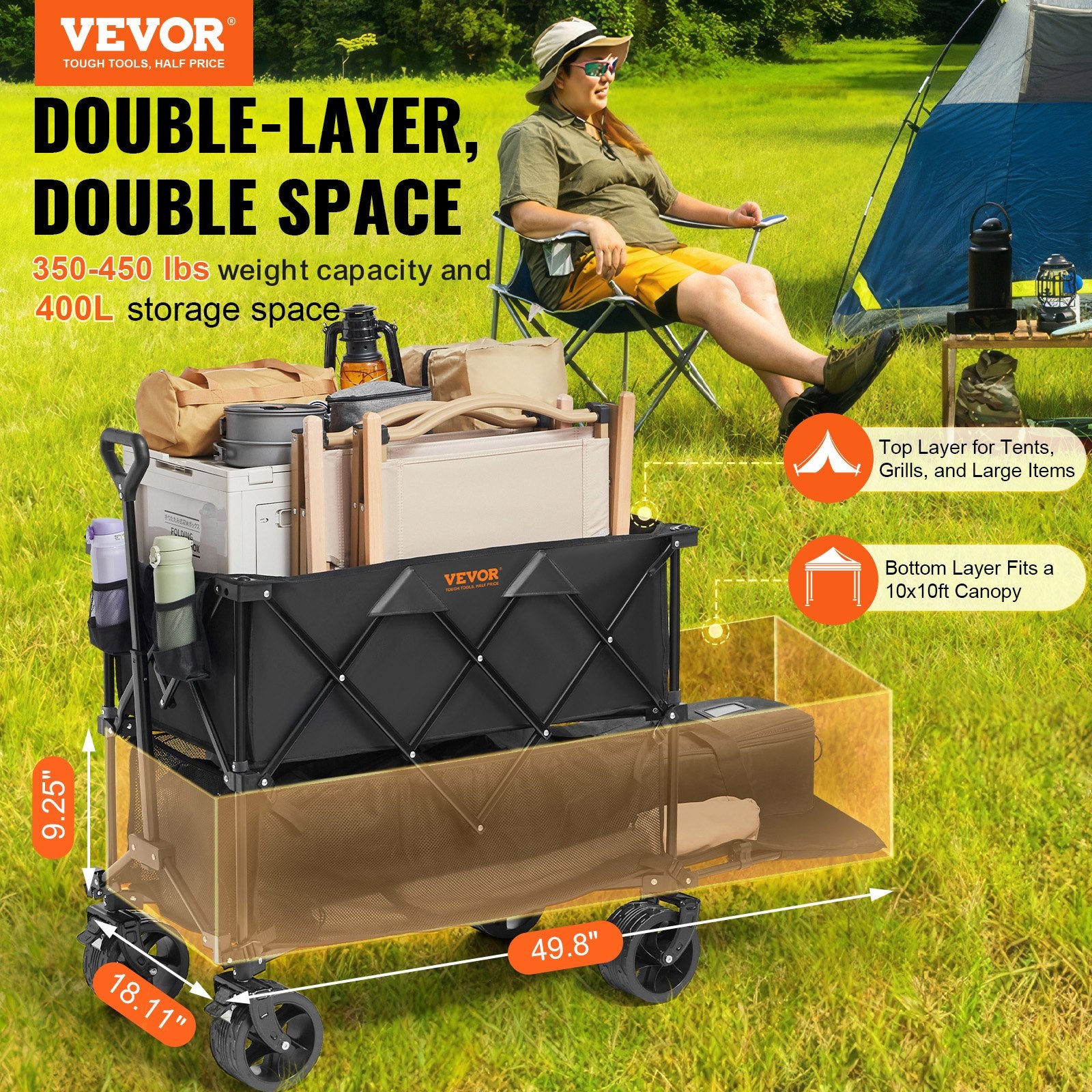 Spreaders & Wheelbarrows: VEVOR Foldable Double Decker Wagon, 400L Collapsible Wagon Cart with All-Terrain Wheels, Heavy Duty Folding Wagon Cart 350-450 lb Weight Capacity for Camping, Shopping, Garden, 52" Extra Long Extender