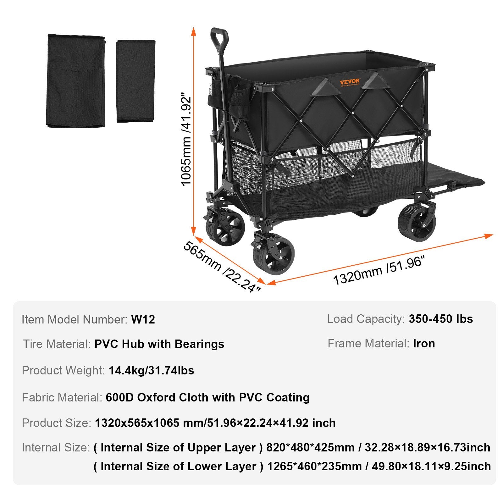Spreaders & Wheelbarrows: VEVOR Foldable Double Decker Wagon, 400L Collapsible Wagon Cart with All-Terrain Wheels, Heavy Duty Folding Wagon Cart 350-450 lb Weight Capacity for Camping, Shopping, Garden, 52" Extra Long Extender