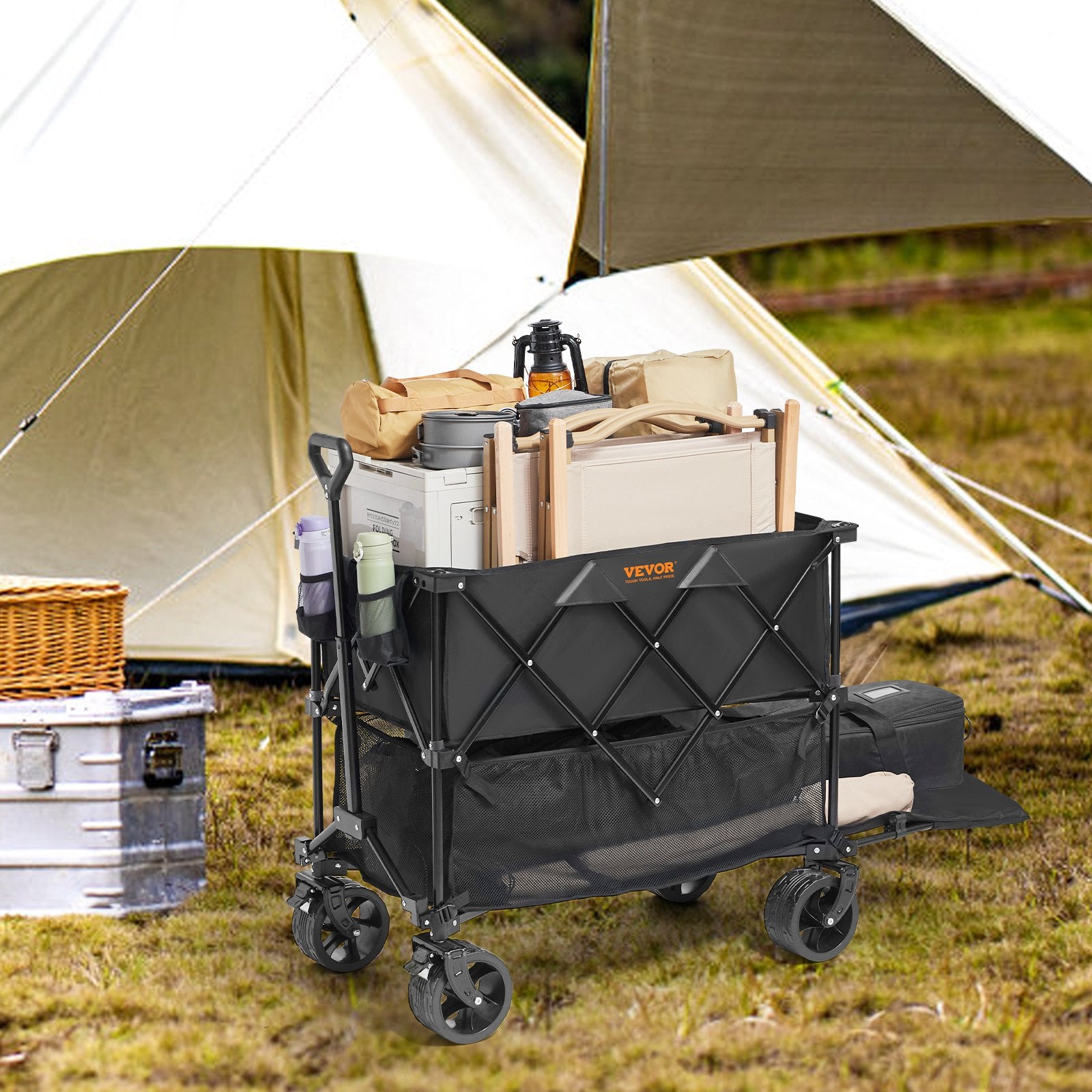 Spreaders & Wheelbarrows: VEVOR Foldable Double Decker Wagon, 400L Collapsible Wagon Cart with All-Terrain Wheels, Heavy Duty Folding Wagon Cart 350-450 lb Weight Capacity for Camping, Shopping, Garden, 52" Extra Long Extender