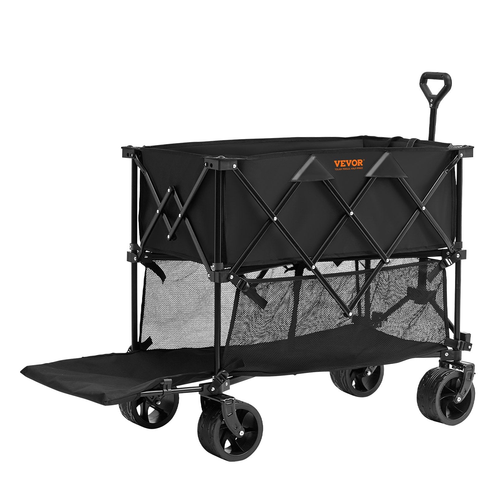 Spreaders & Wheelbarrows: VEVOR Foldable Double Decker Wagon, 400L Collapsible Wagon Cart with All-Terrain Wheels, Heavy Duty Folding Wagon Cart 350-450 lb Weight Capacity for Camping, Shopping, Garden, 52" Extra Long Extender