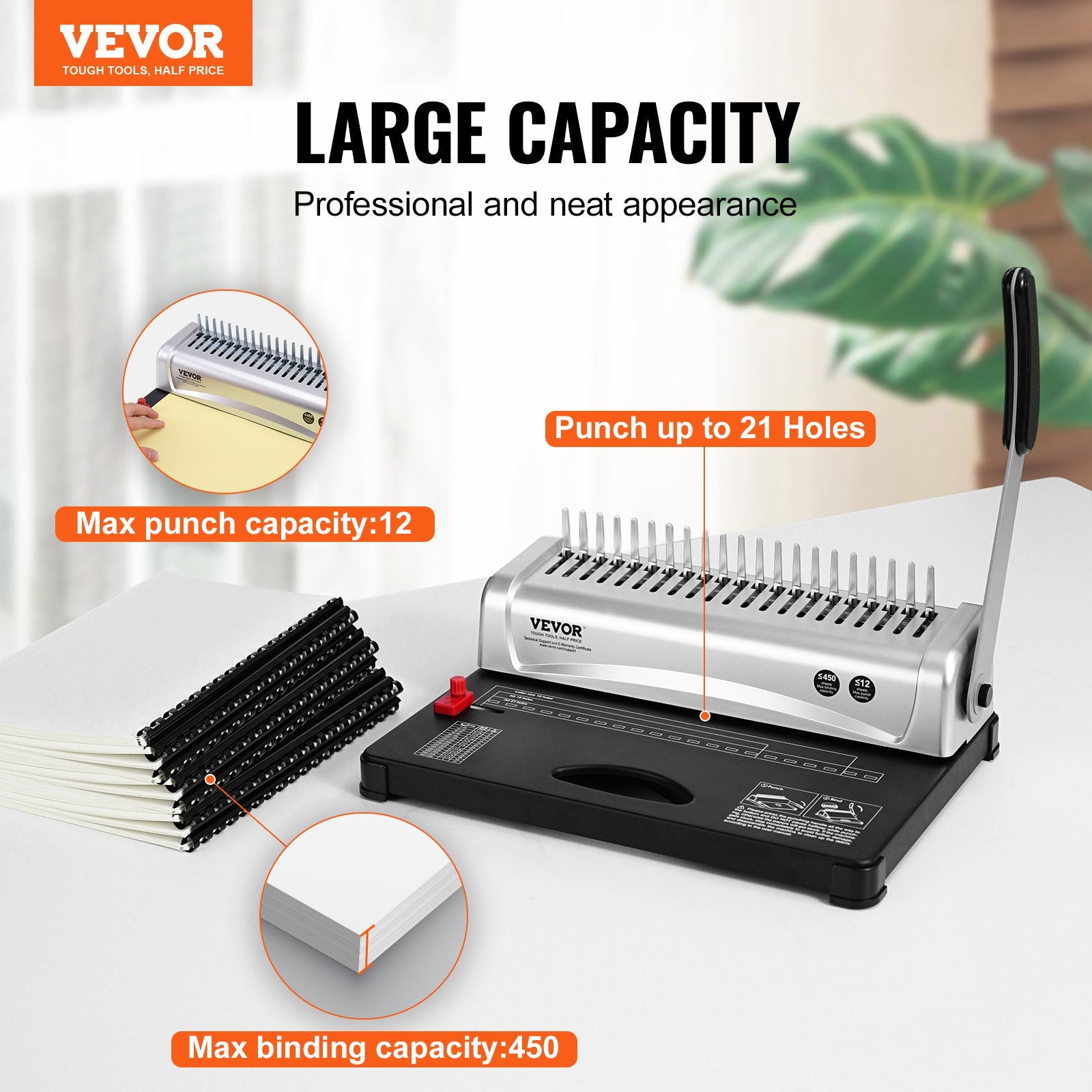 Hand Tools: VEVOR Binding Machine, Comb Binding Machine 21-Holes Binding 450 Sheets, Book Binder Machine with 100 PCS 3/8'' Comb Binding Spines, for Letter Size, A4, A5