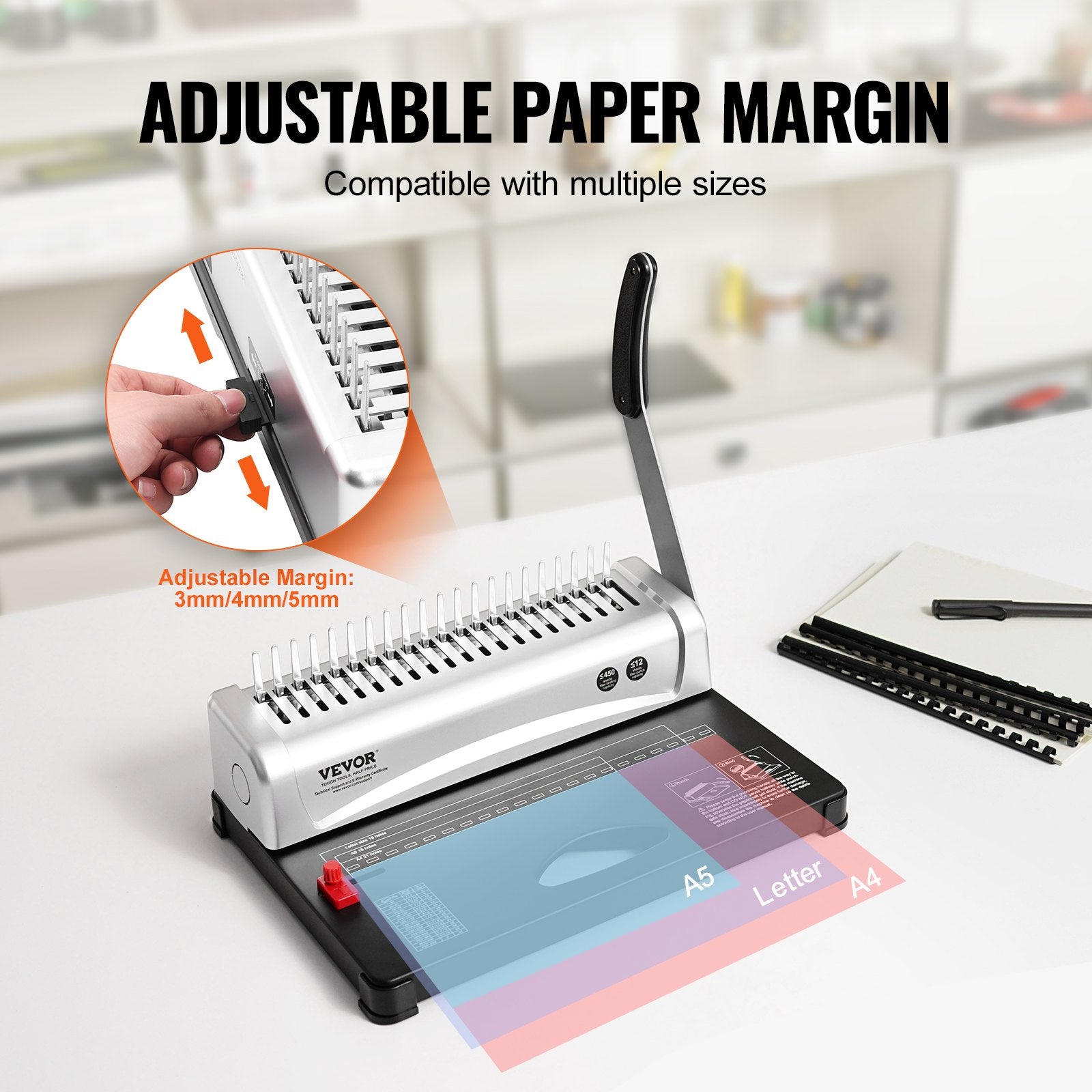 Hand Tools: VEVOR Binding Machine, Comb Binding Machine 21-Holes Binding 450 Sheets, Book Binder Machine with 100 PCS 3/8'' Comb Binding Spines, for Letter Size, A4, A5