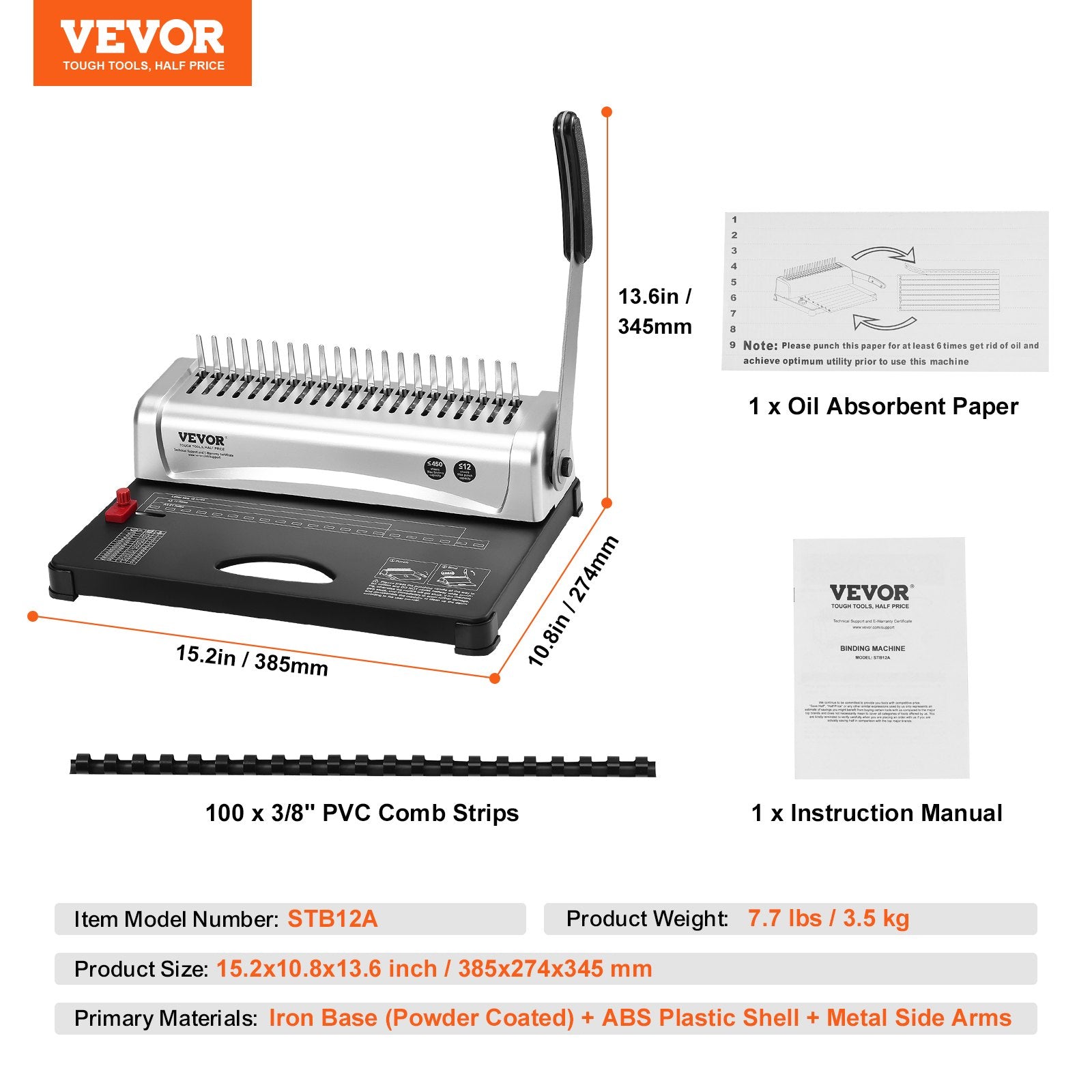 Hand Tools: VEVOR Binding Machine, Comb Binding Machine 21-Holes Binding 450 Sheets, Book Binder Machine with 100 PCS 3/8'' Comb Binding Spines, for Letter Size, A4, A5